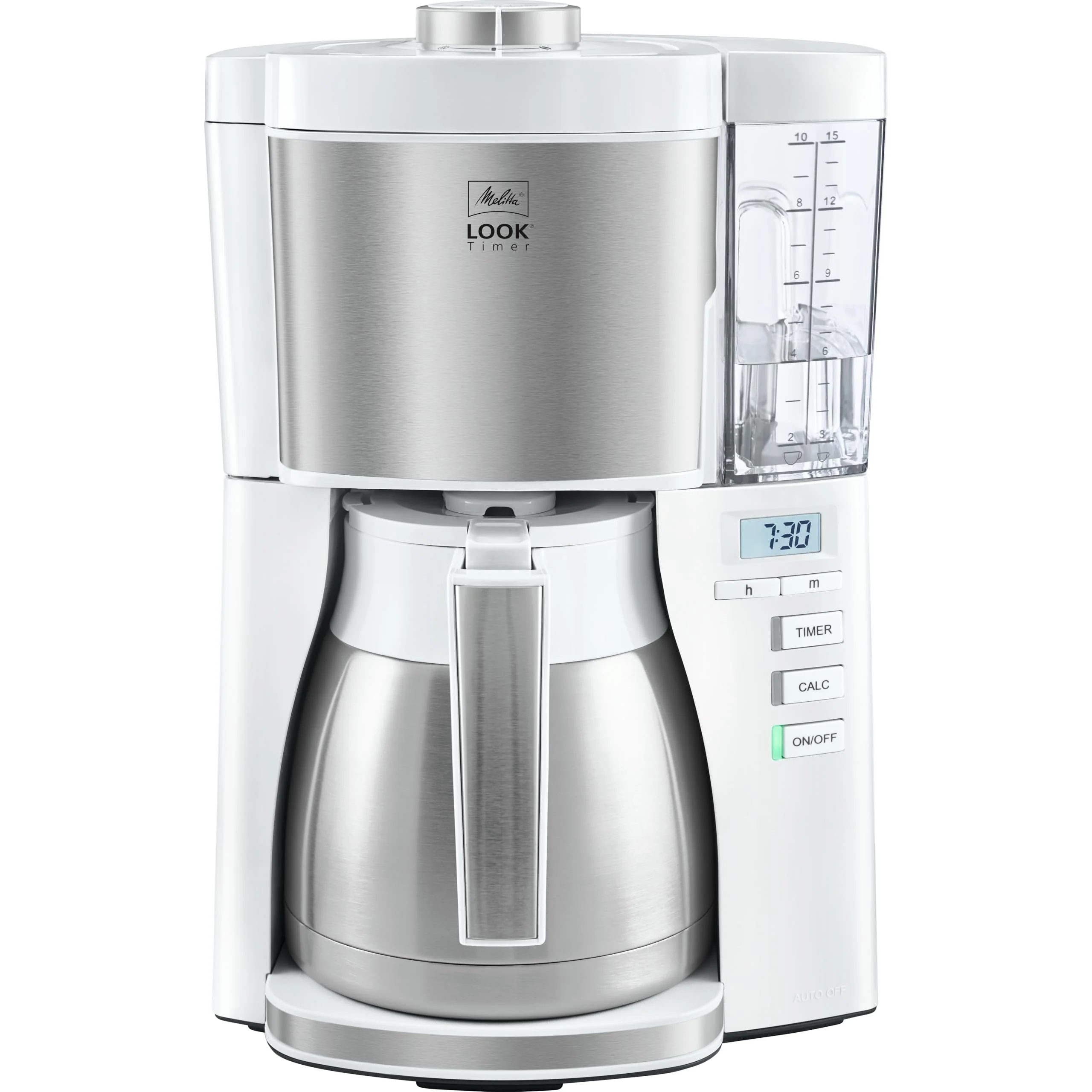 Melitta Look Therm Timer – Filterkaffeemaschine mit Thermkanne, entnehmbarem Wassertank und Timer-Funktion, für bis zu 10 Tassen Kaffee, in Weiß/Edelstahl