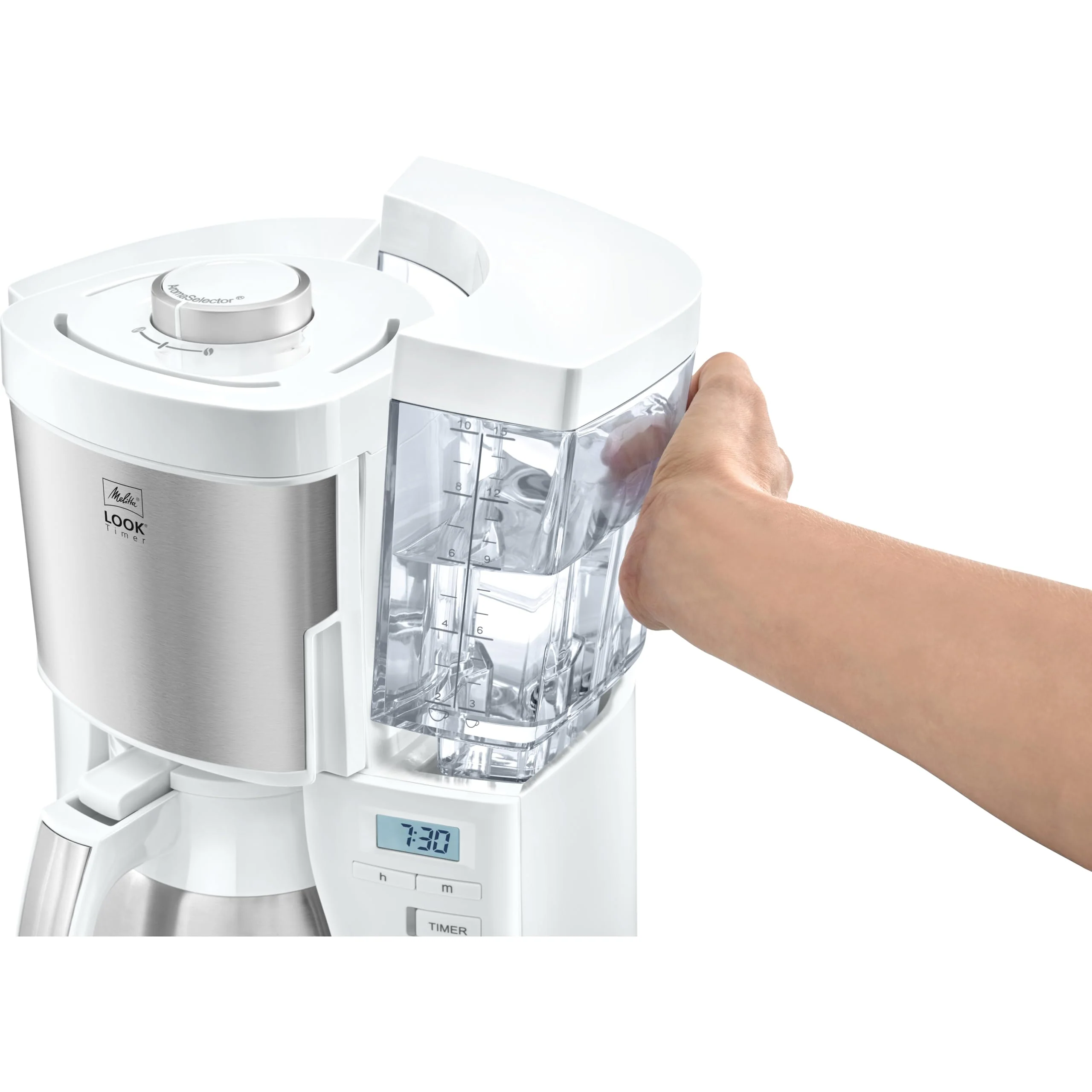 Melitta Look Therm Timer – Filterkaffeemaschine mit Thermkanne, entnehmbarem Wassertank und Timer-Funktion, für bis zu 10 Tassen Kaffee, in Weiß/Edelstahl - Image 4