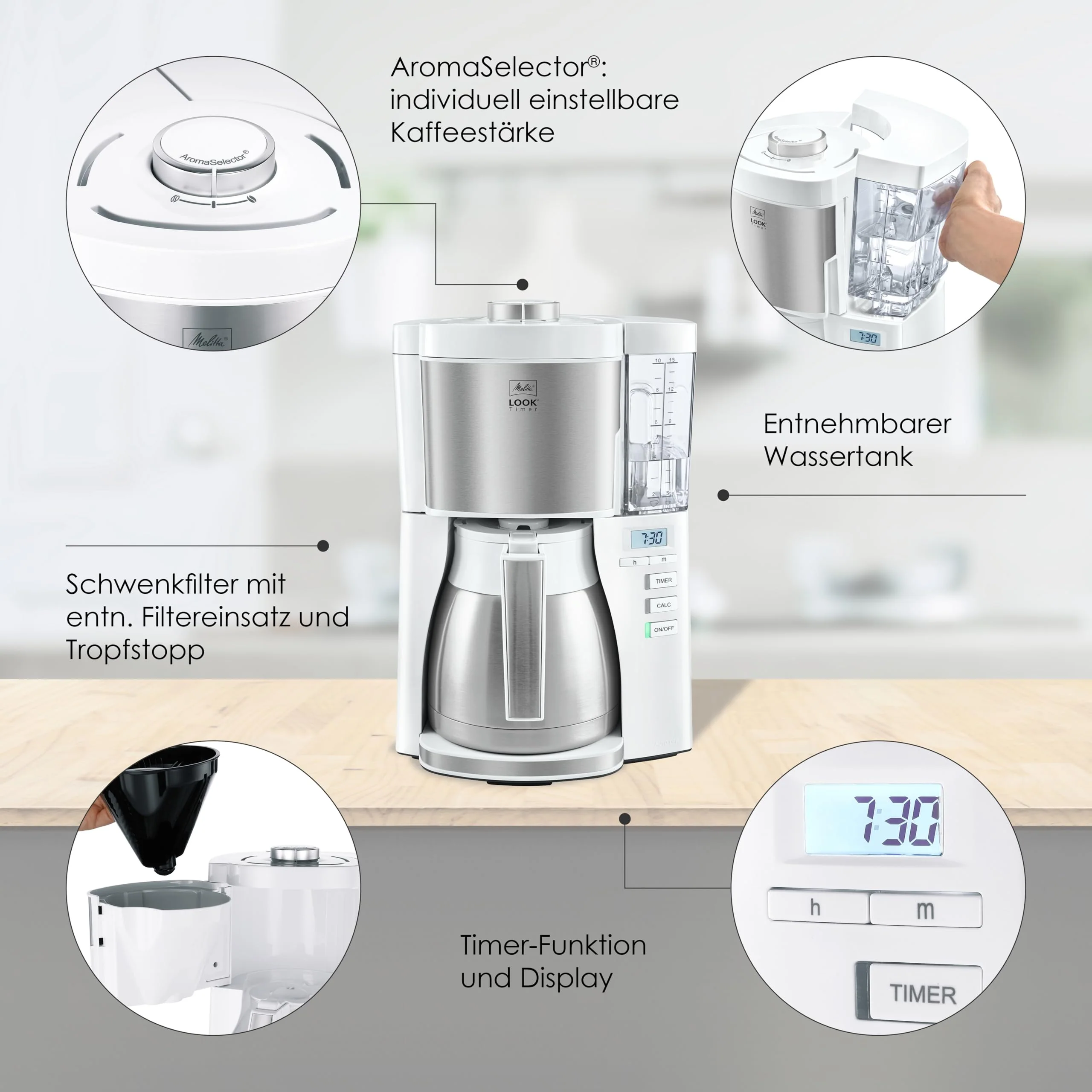 Melitta Look Therm Timer – Filterkaffeemaschine mit Thermkanne, entnehmbarem Wassertank und Timer-Funktion, für bis zu 10 Tassen Kaffee, in Weiß/Edelstahl - Image 6