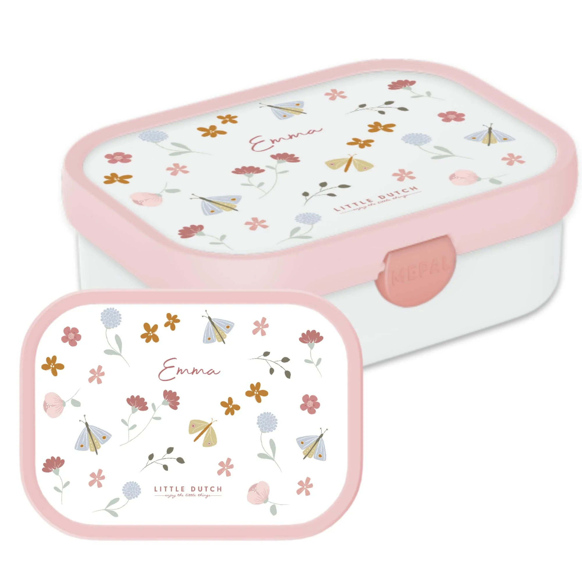 Mepal Campus Lunchbox Little Dutch – Personalisierte Bento Brotdose mit Namen für Kinder – Bento-Einsatz & Gabel – Clip-Verschluss – BPA-frei & spülmaschinenfest – 750 ml – Flowers & Butterflies