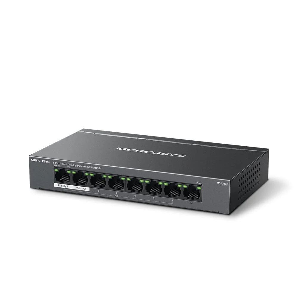 Mercusys MS108GP PoE Switch 8-Port Gigabit LAN Switch mit 7 PoE+ Ports, bis zu 30 W pro PoE-Port und 65 W für alle PoE-Ports, 802.3af/at PoE, lüfterlos, Plug-and-Play, Robustes Metallgehäuse - Image 5