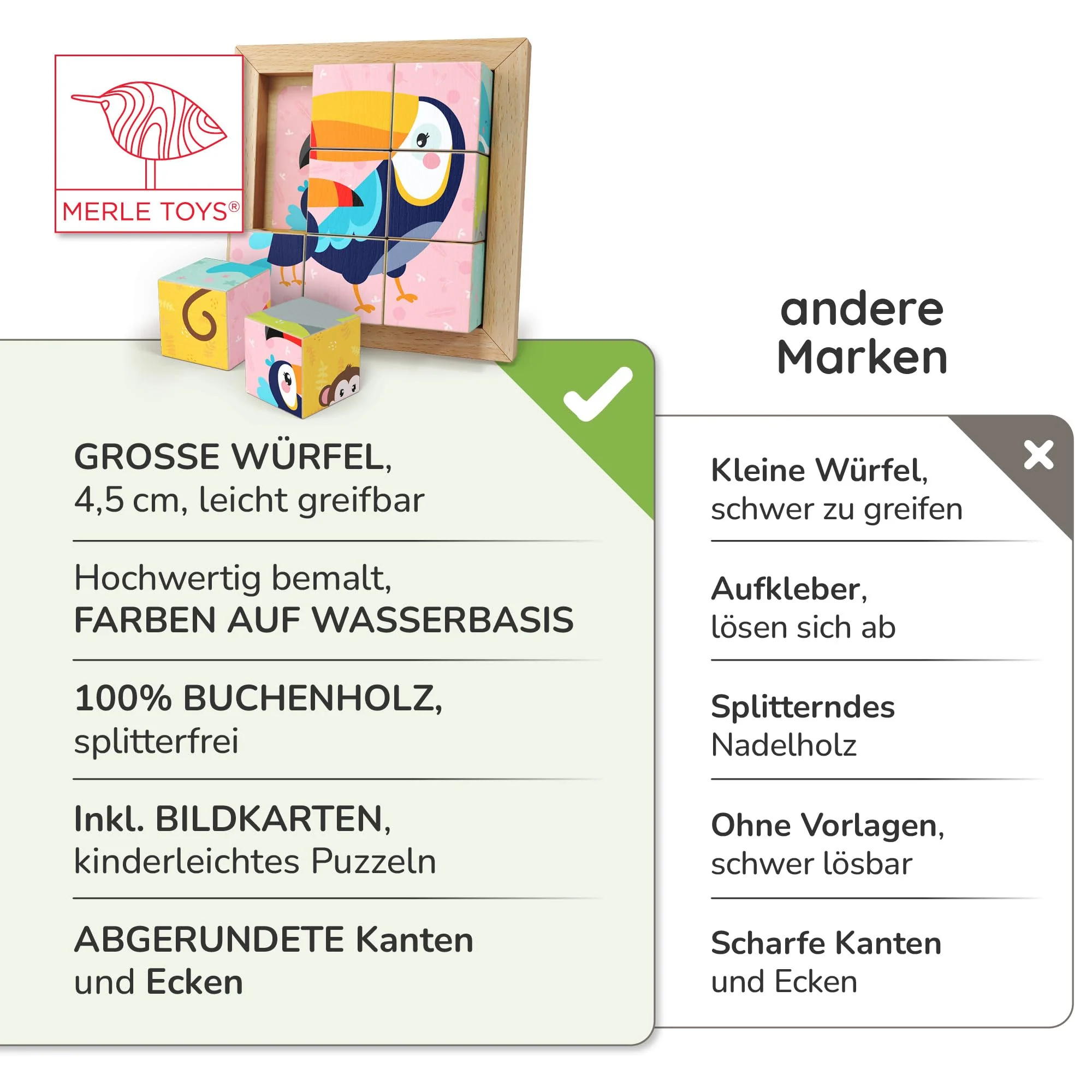 Merle Toys® 6-in-1 Würfelpuzzle ab 2 Jahre aus 100% Öko-Buchenholz, Würfelpuzzle ab 3 Jahre, Bilderwürfel Holzpuzzle ab 2 Jahre, 4,5 cm große Würfel, Puzzle mit abgerundeten Ecken, inkl. Bildvorlagen - Image 2