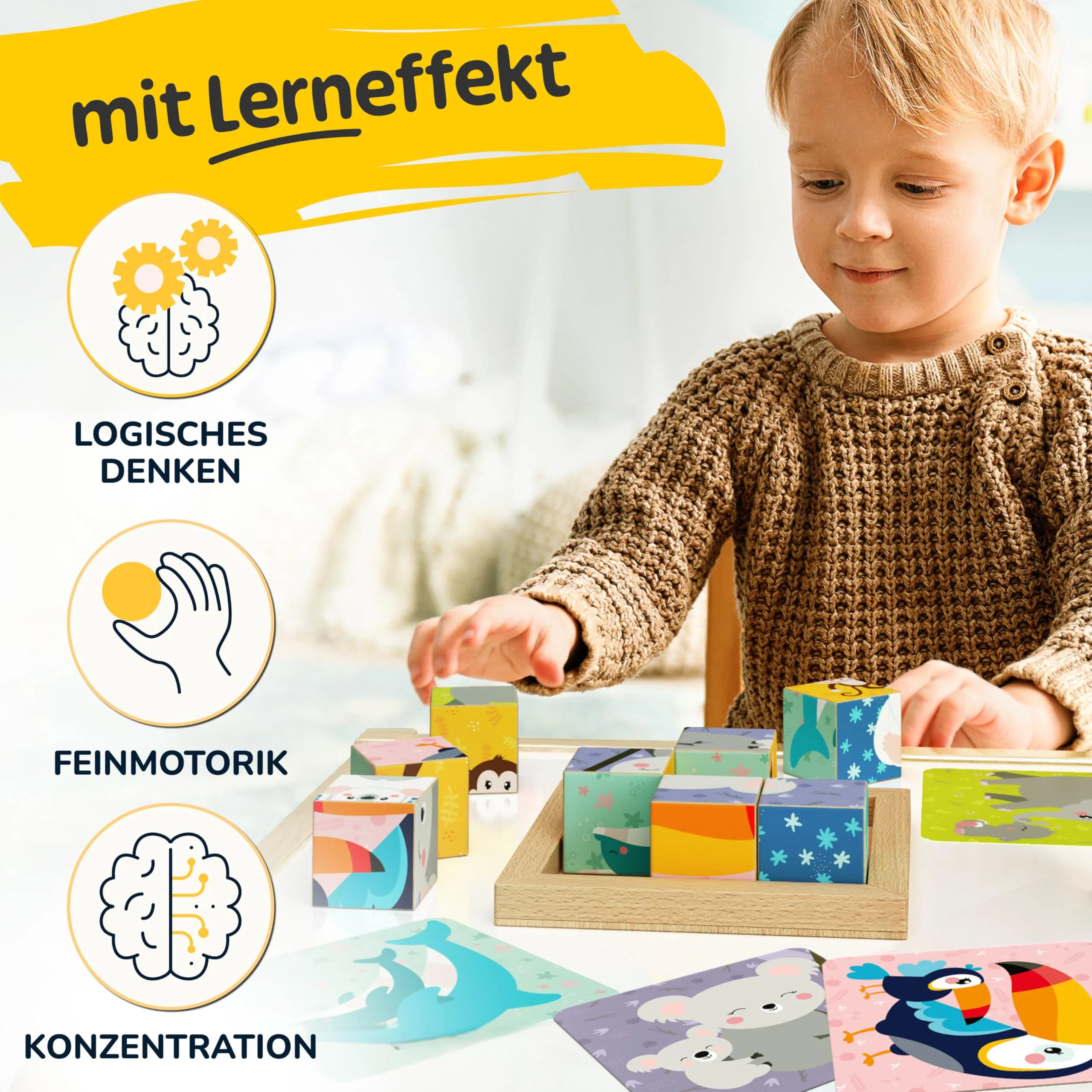 Merle Toys® 6-in-1 Würfelpuzzle ab 2 Jahre aus 100% Öko-Buchenholz, Würfelpuzzle ab 3 Jahre, Bilderwürfel Holzpuzzle ab 2 Jahre, 4,5 cm große Würfel, Puzzle mit abgerundeten Ecken, inkl. Bildvorlagen - Image 7