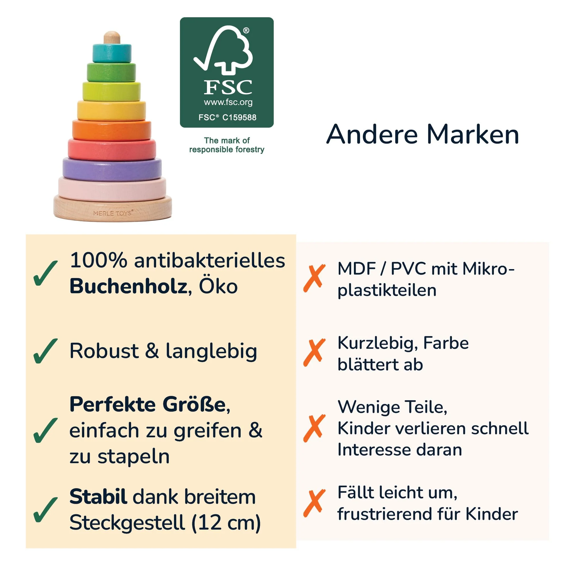 Merle Toys® Stapelturm Holz, 100% FSC-zertifiziertes Holzspielzeug Baby, Stapelturm ab 1 Jahr, Montessori Spielzeug, Stapelspiel ab 1 Jahr, BPA-Freies Baby Spielzeug aus Holz, 8X Bunte Stapelringe - Image 4