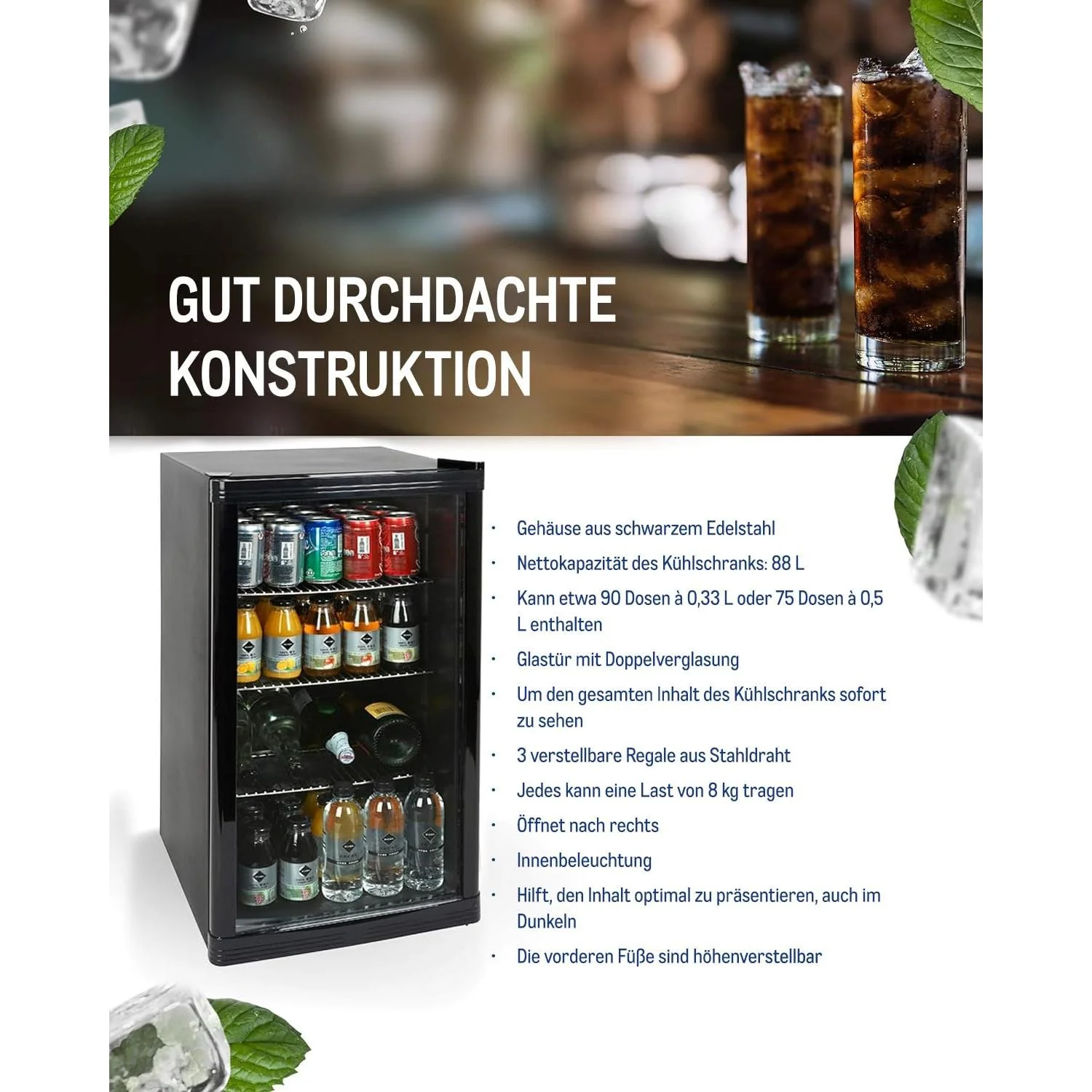 METRO Professional Mini-Kühlschrank GPC1088, 88 L, 1.052 kWh/24h, 3 Edelstahl-Drahtböden, schwarz - Image 4