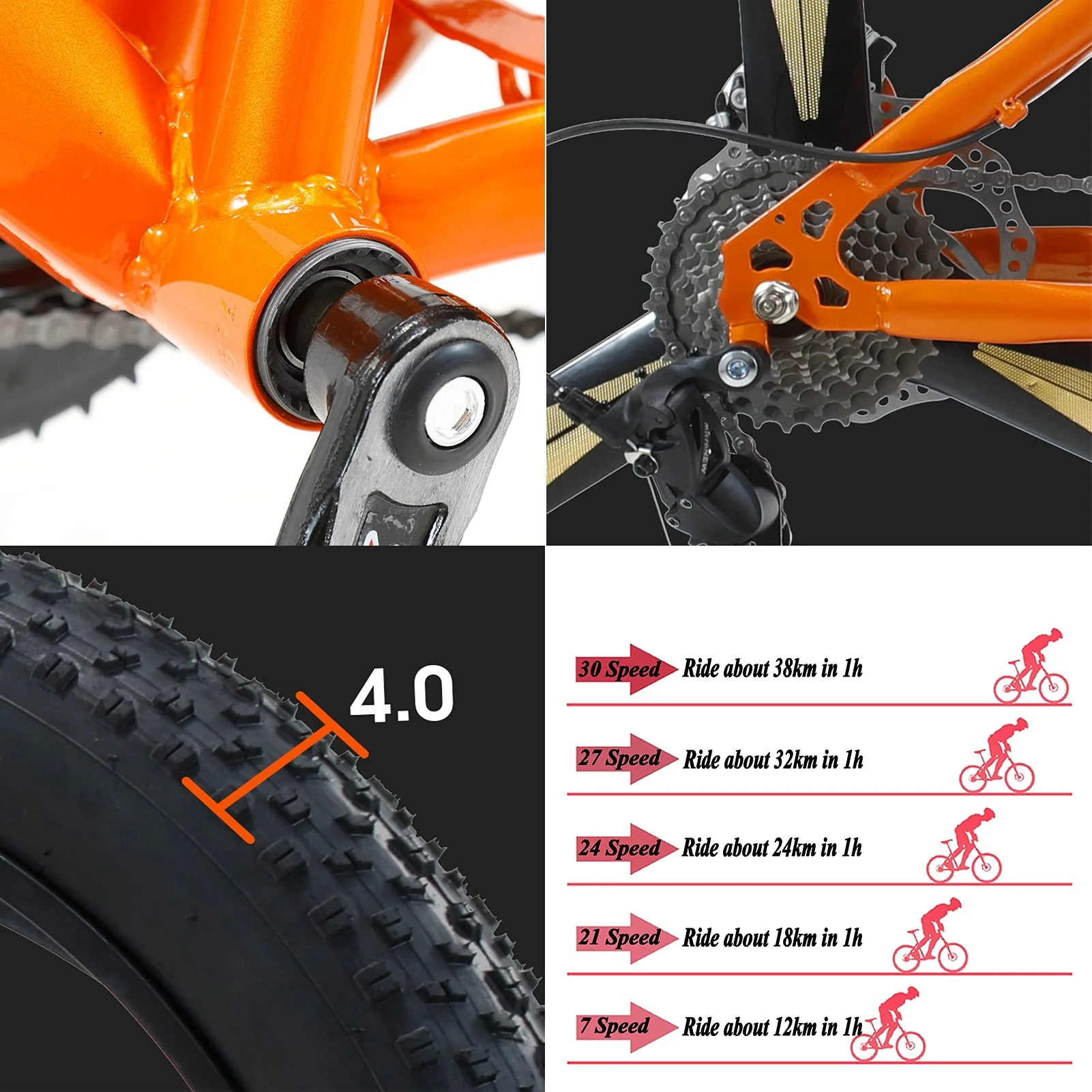 MEVZHH 26 Zoll Mountainfür Jungen, Mädchen, Hardtail, Scheibenbremsen, Männerd Frauen, Erwachsene Fett Reifen Mountainbike, Kohlenstoffstastrand Schnee Outdoor, Weiß 5 Gesprochen, 24 Geschwindigkeit - Image 2