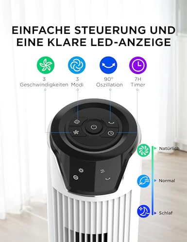 Midea FZ10-17JR(WH) Turmventilator Leise mit Fernbedienung 92CM, mobiler Lüfter,Ventilator Säulenventilator,7 Stunden Timer,3 Modi,3 Geschwindigkeiten,45W Standventilator, Weiß - Image 6