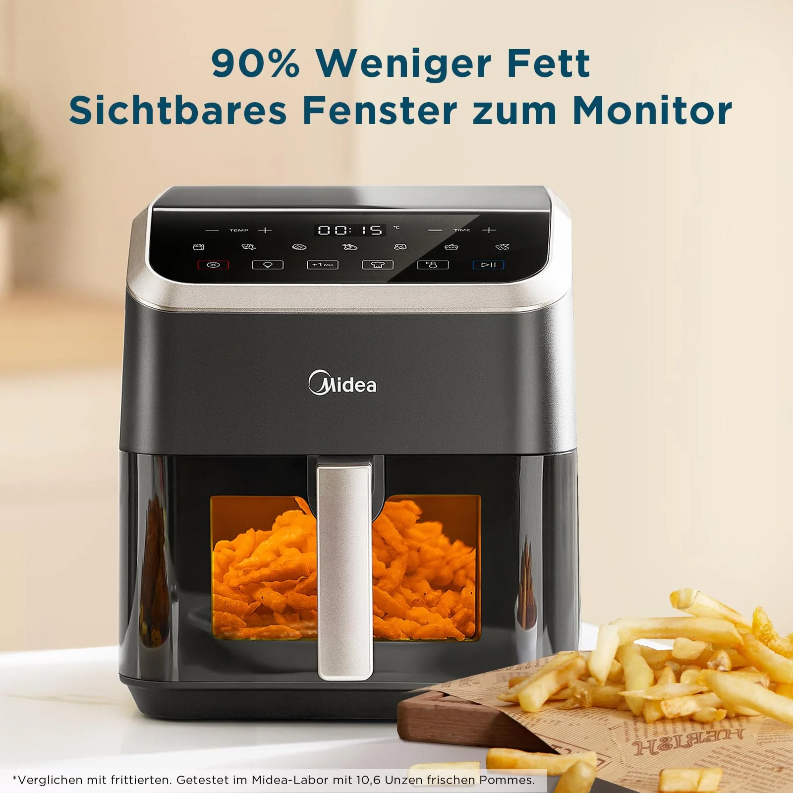 Midea Heißluftfritteuse 5L Fassungsvermögen, HeatXpress Technologie 90% weniger Öl, Energie- und Zeitersparnis mit 7 Voreinstellungen, Easy-View Fenster & Licht, Antihaft, Schwarz - Image 3