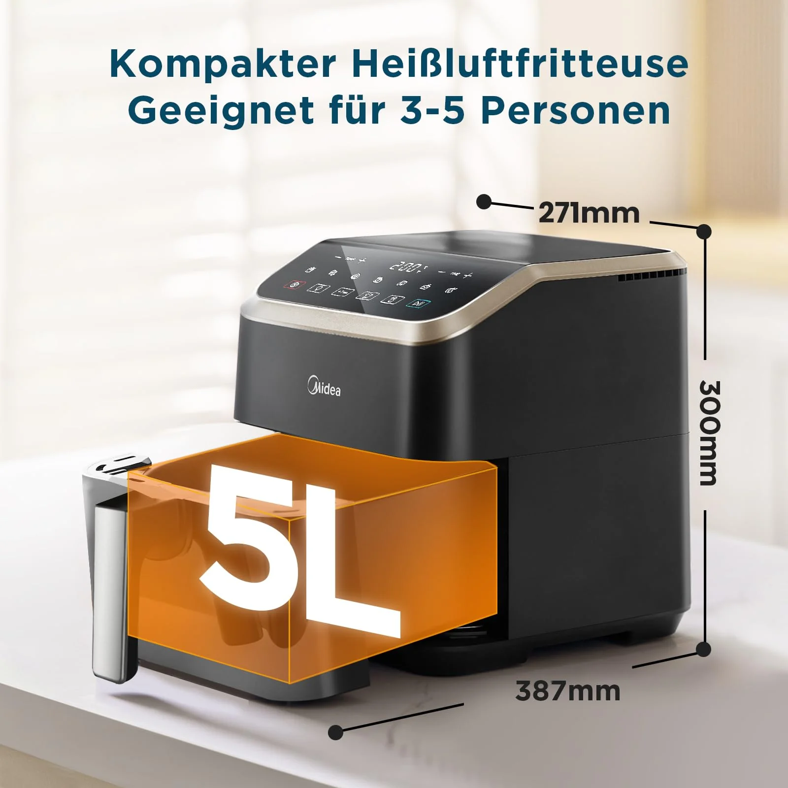 Midea Heißluftfritteuse 5L Fassungsvermögen, HeatXpress Technologie 90% weniger Öl, Energie- und Zeitersparnis mit 7 Voreinstellungen, Easy-View Fenster & Licht, Antihaft, Schwarz - Image 6