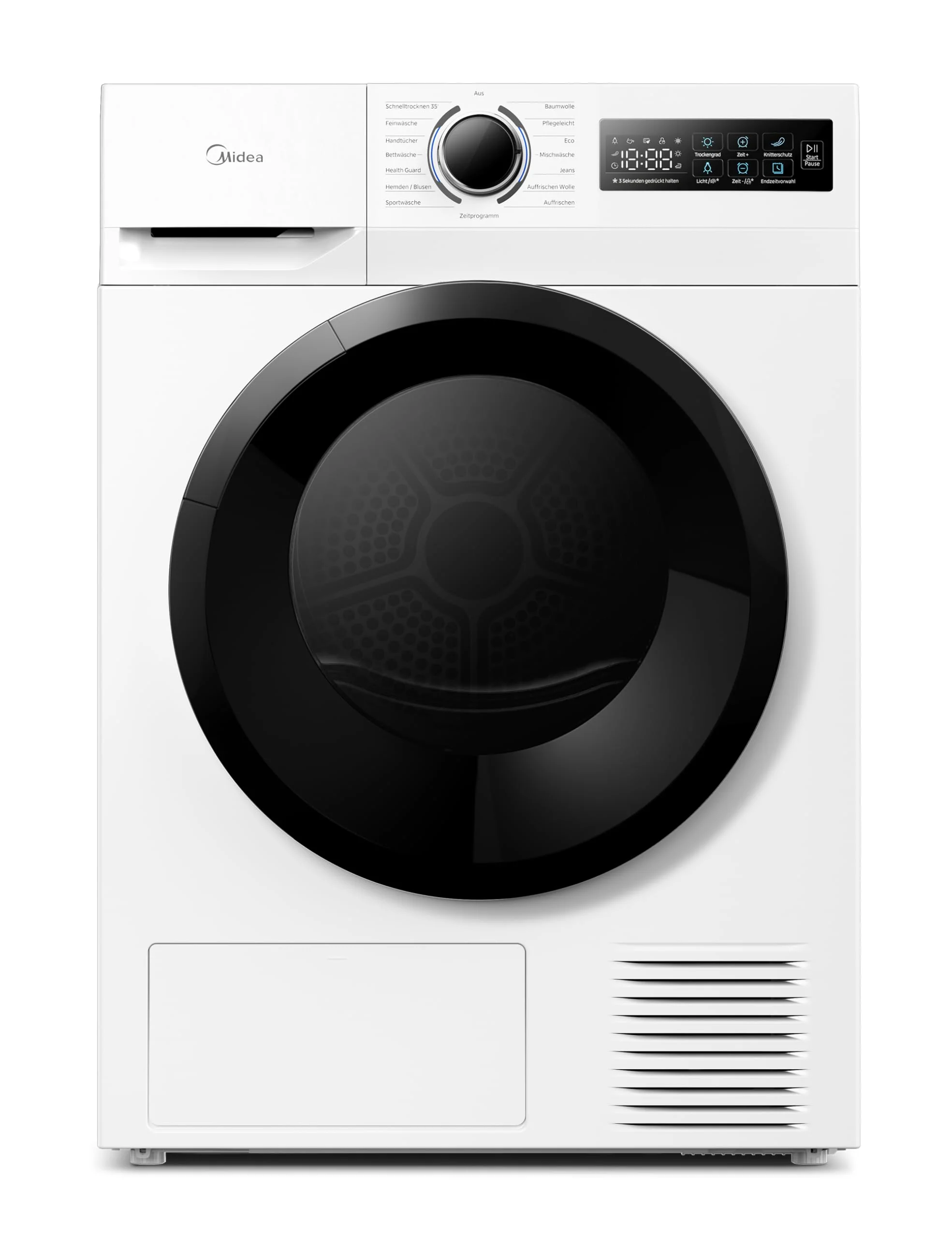 Midea MD11EH70BD Wärmepumpentrockner, 7 kg, Energieklasse D, Schnelltrocknen 35', HealthGuard, Sensor-Trocknung, Auffrischen,Knitterschutz, Auffrischen Wolle, Weiß
