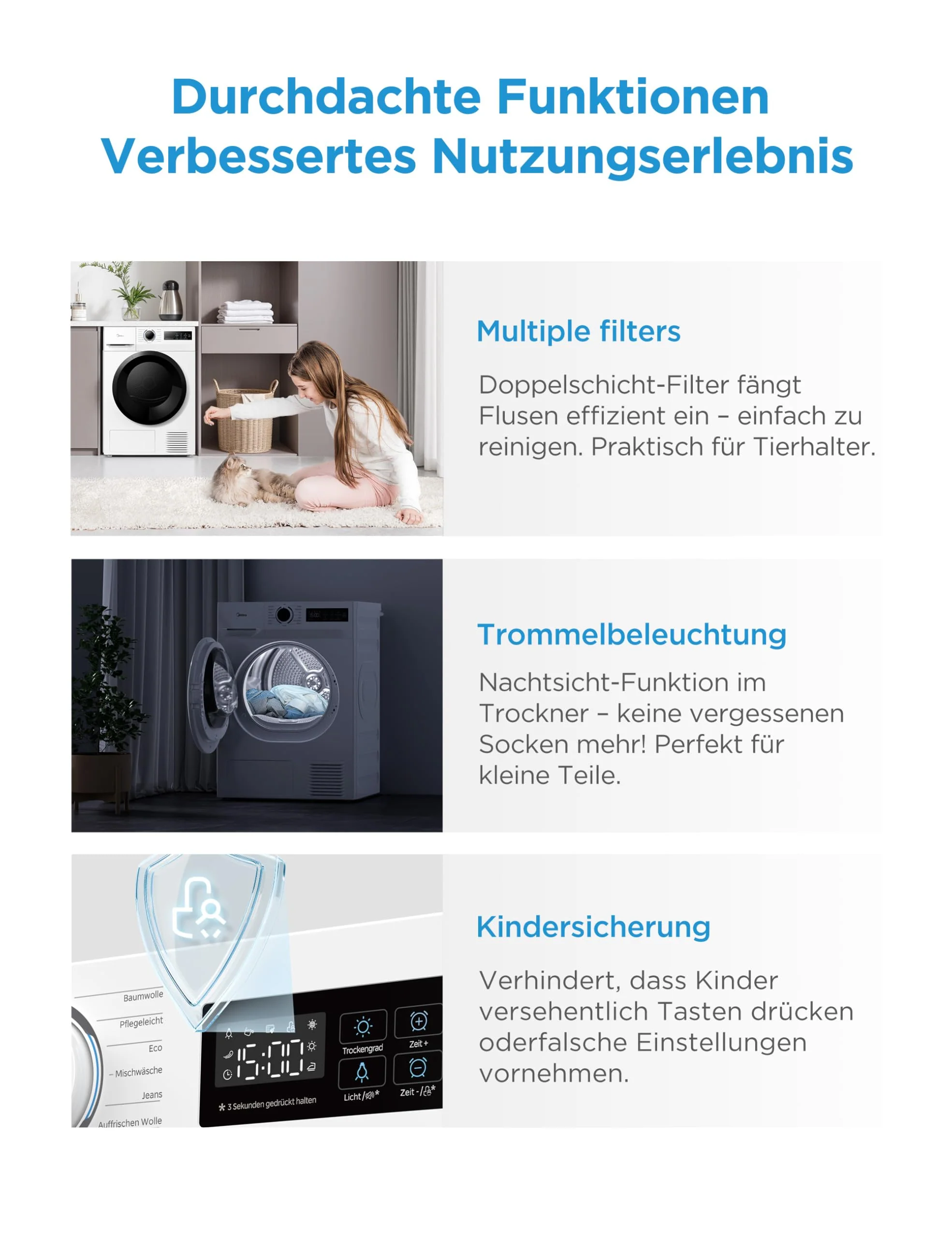 Midea MD11EH70BD Wärmepumpentrockner, 7 kg, Energieklasse D, Schnelltrocknen 35', HealthGuard, Sensor-Trocknung, Auffrischen,Knitterschutz, Auffrischen Wolle, Weiß - Image 2