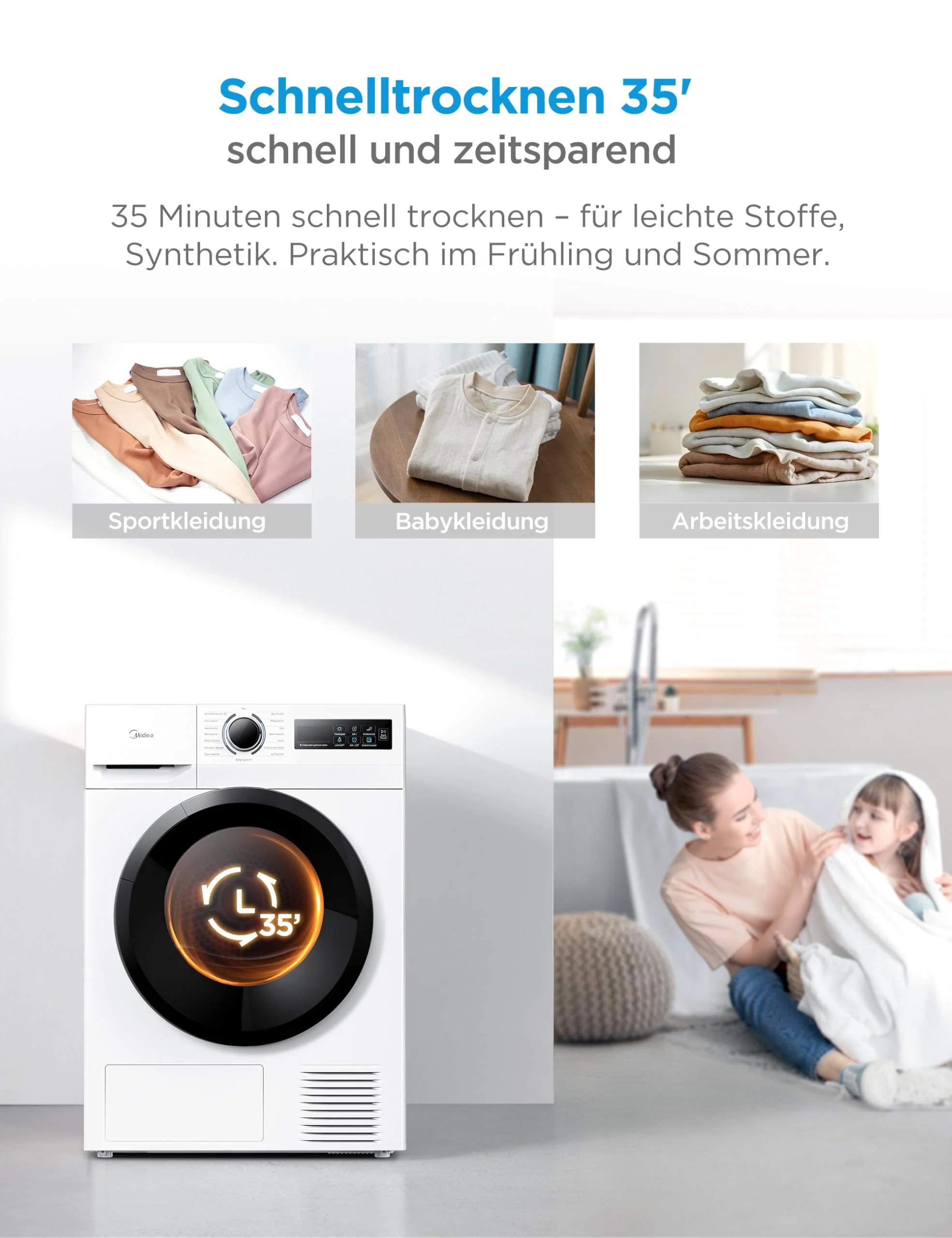 Midea MD11EH70BD Wärmepumpentrockner, 7 kg, Energieklasse D, Schnelltrocknen 35', HealthGuard, Sensor-Trocknung, Auffrischen,Knitterschutz, Auffrischen Wolle, Weiß - Image 3
