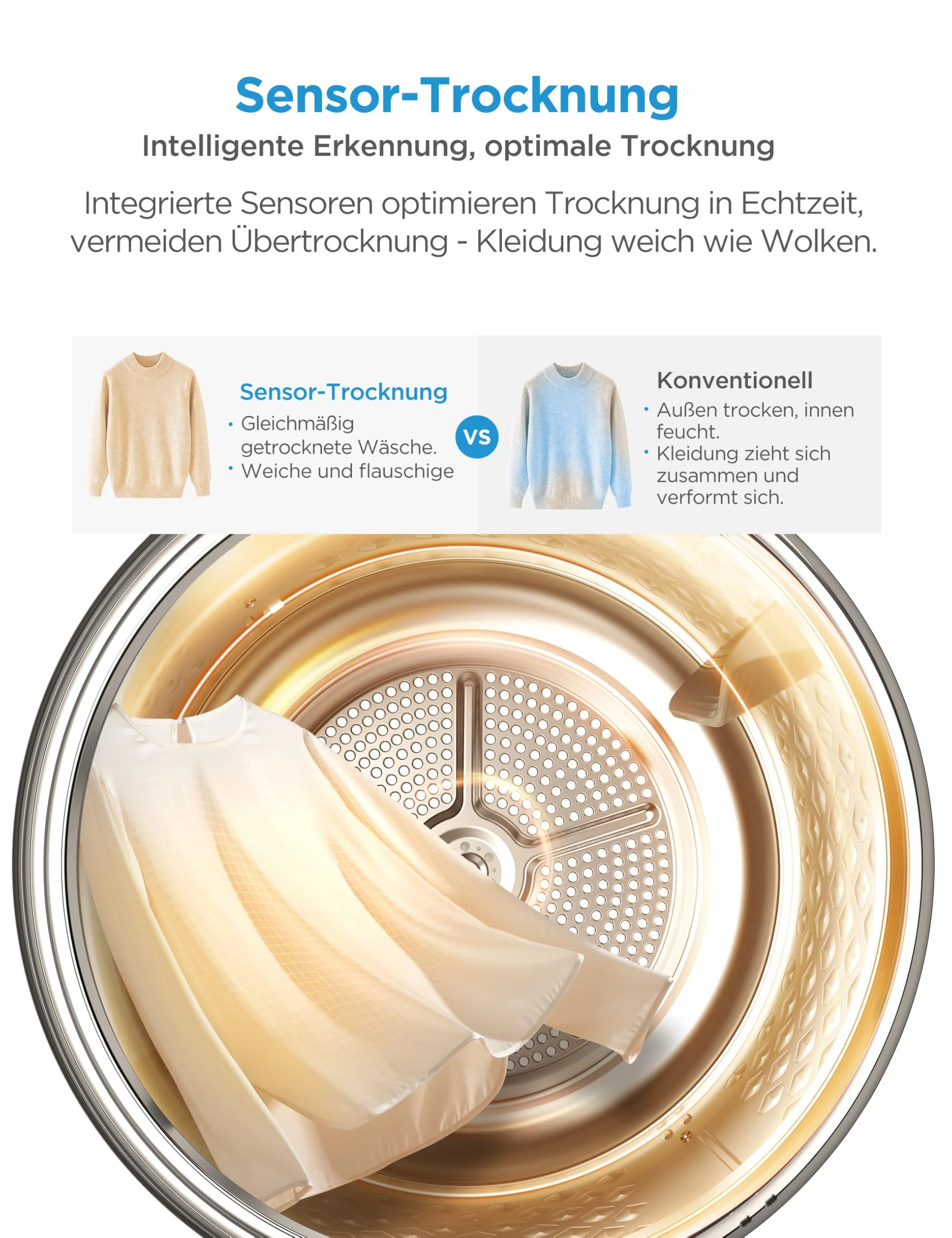 Midea MD11EH70BD Wärmepumpentrockner, 7 kg, Energieklasse D, Schnelltrocknen 35', HealthGuard, Sensor-Trocknung, Auffrischen,Knitterschutz, Auffrischen Wolle, Weiß - Image 4