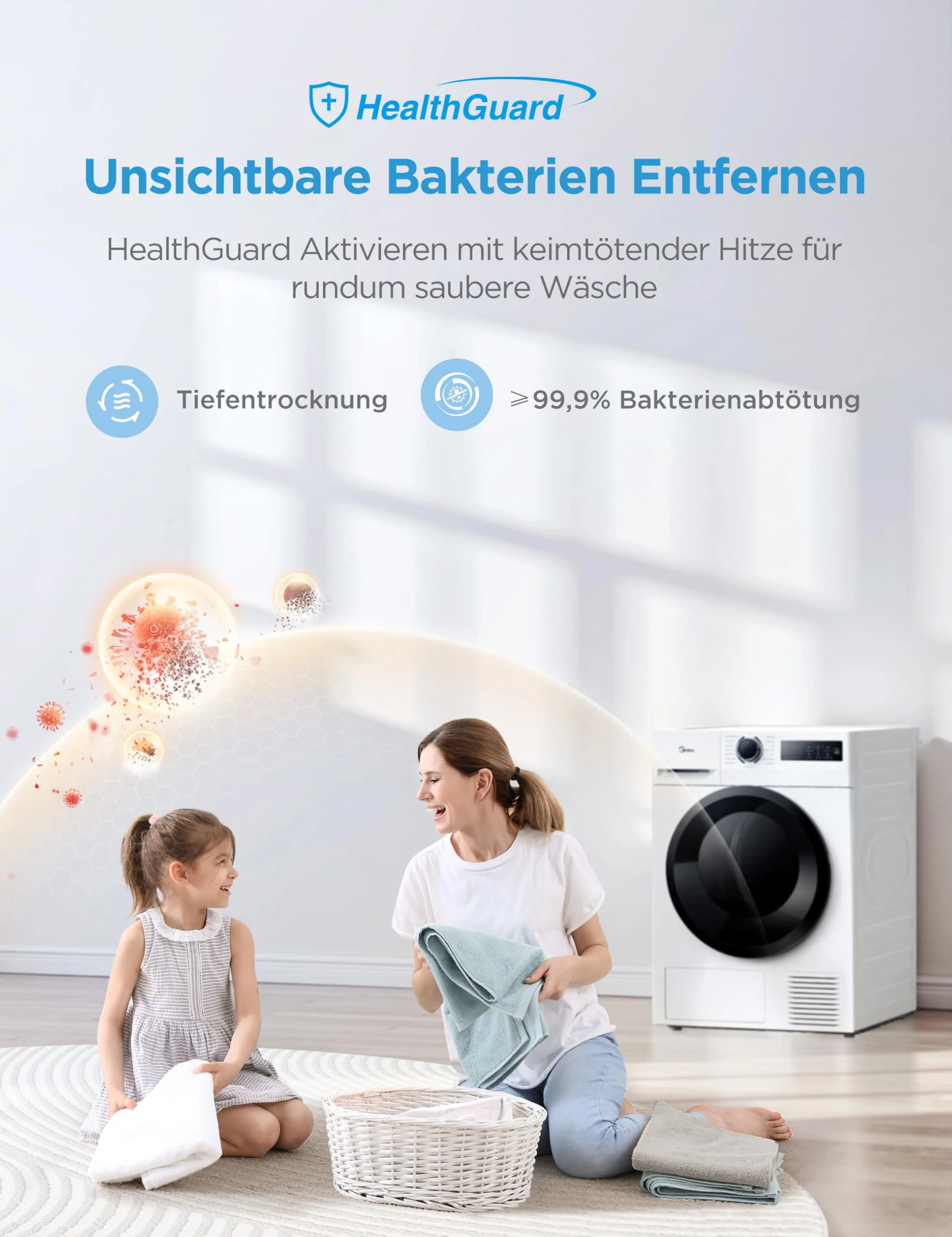 Midea MD11EH70BD Wärmepumpentrockner, 7 kg, Energieklasse D, Schnelltrocknen 35', HealthGuard, Sensor-Trocknung, Auffrischen,Knitterschutz, Auffrischen Wolle, Weiß - Image 5