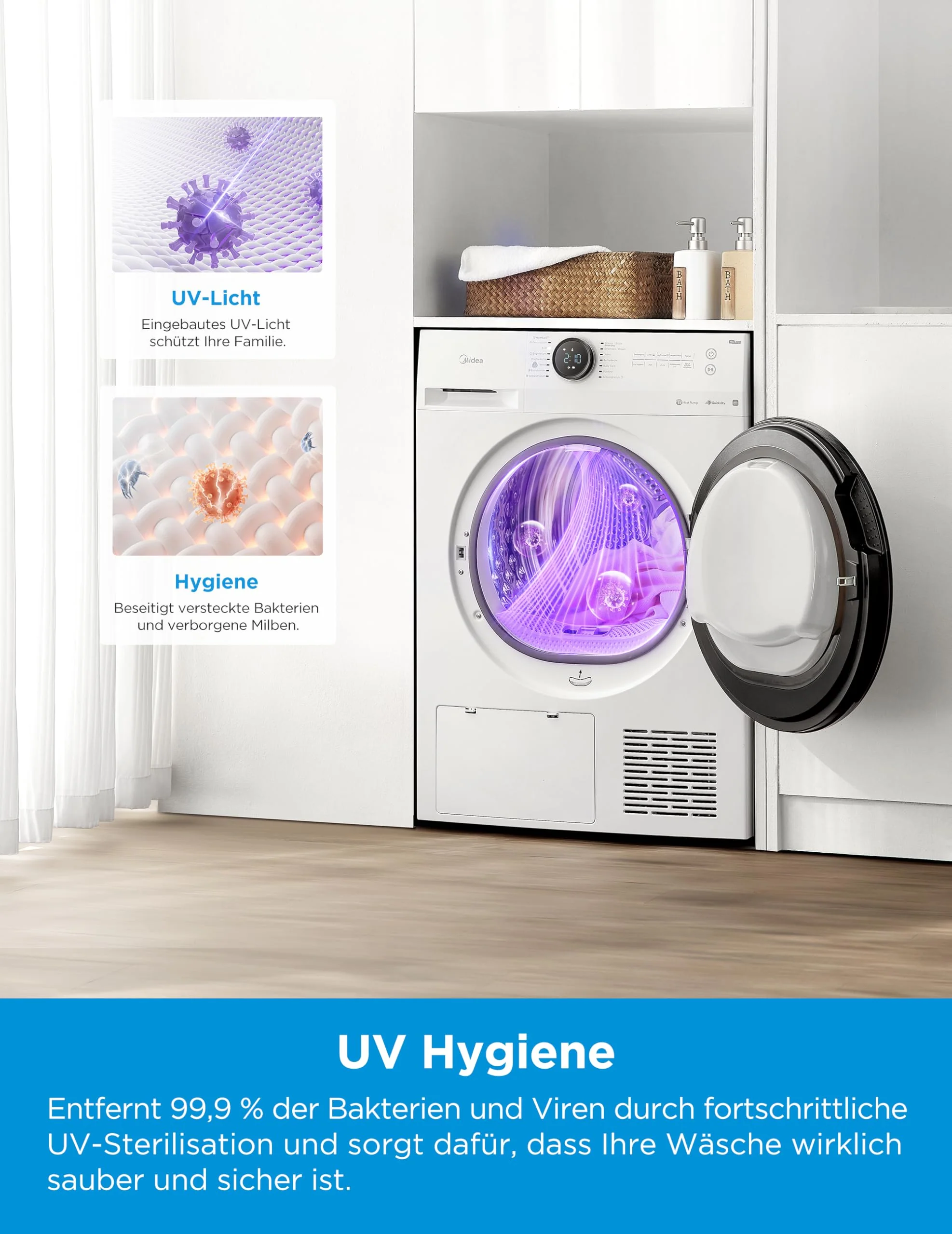 Midea MD20EH100WB-A3 Wärmepumpentrockner/ 10 kg/EEK A+++ / UV Hygience/Knitterschutz/Sanfte Pflege/Auto Dry/Wollpflege/Auffrischen/Fernsteuerung/Startzeitvorwahl/Weiß - Image 2