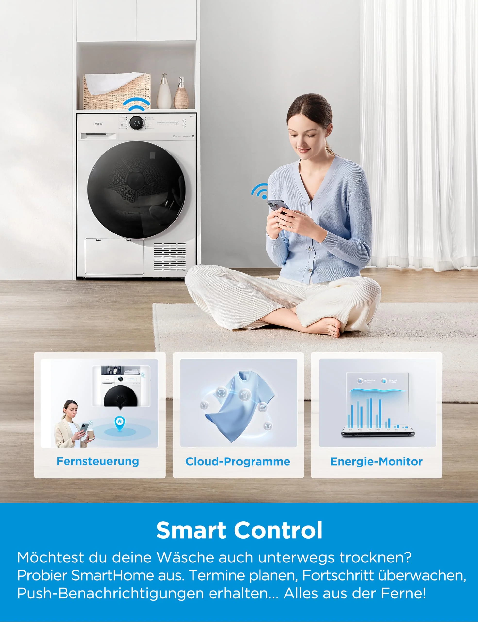 Midea MD20EH100WB-A3 Wärmepumpentrockner/ 10 kg/EEK A+++ / UV Hygience/Knitterschutz/Sanfte Pflege/Auto Dry/Wollpflege/Auffrischen/Fernsteuerung/Startzeitvorwahl/Weiß - Image 3