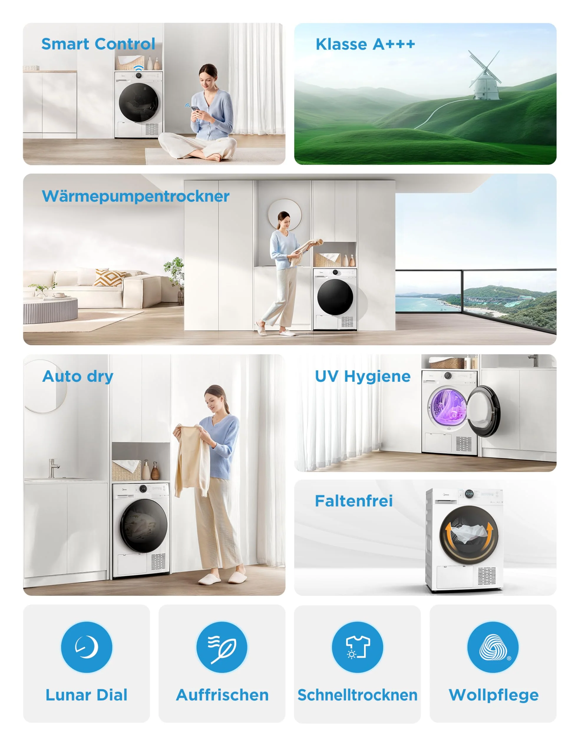 Midea MD20EH100WB-A3 Wärmepumpentrockner/ 10 kg/EEK A+++ / UV Hygience/Knitterschutz/Sanfte Pflege/Auto Dry/Wollpflege/Auffrischen/Fernsteuerung/Startzeitvorwahl/Weiß - Image 6