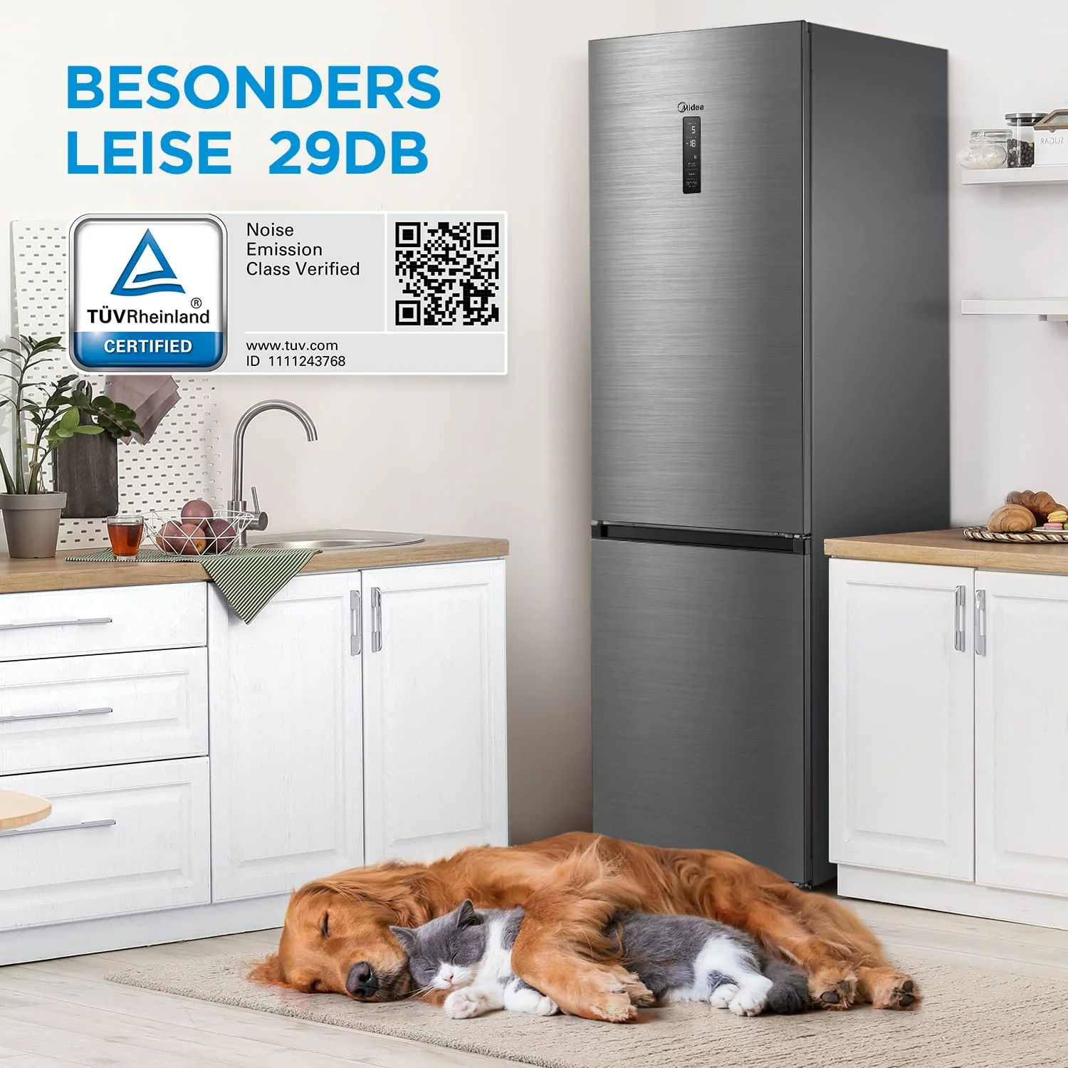 Midea MDRB521MGA46O Kühl-/Gefrierkombination/NoFrost/Besonders leise 29dB/Inverter Kompressor/Niedrigtemperaturzone/180° Verstellbare Gefrierfach-Schublade/201 cm hoch/256 L Kühlteil/122 L Gefrierteil - Image 3
