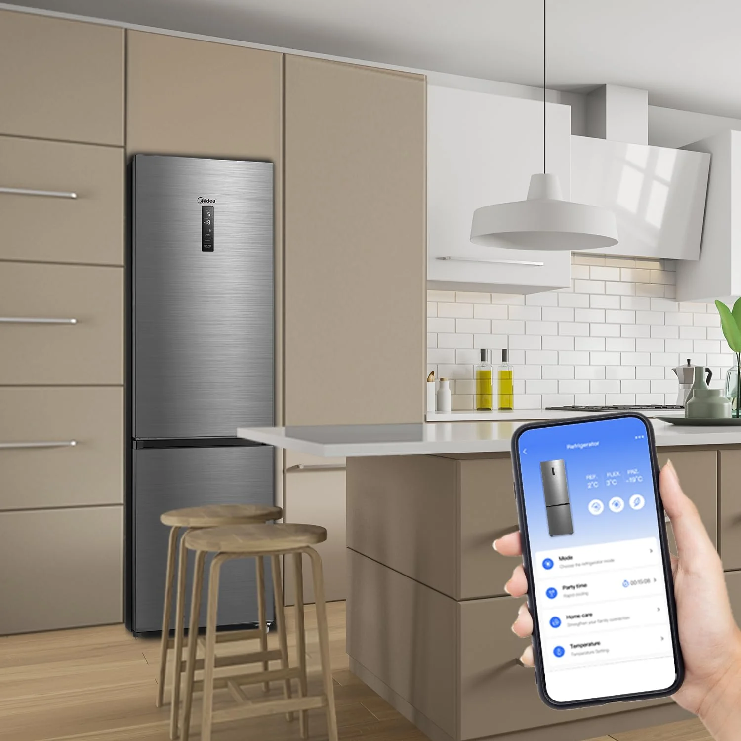 Midea MDRB521MIC46A Kühl-/Gefrierkombination/No Frost/WiFi-Steuerung/Inverter Kompressor/201 cm hoch / 59,5 cm breit /70 cm tiefe/177 kWh/Jahr/256 L Kühlteil/122 L Gefrierteil, Front Inox - Image 5