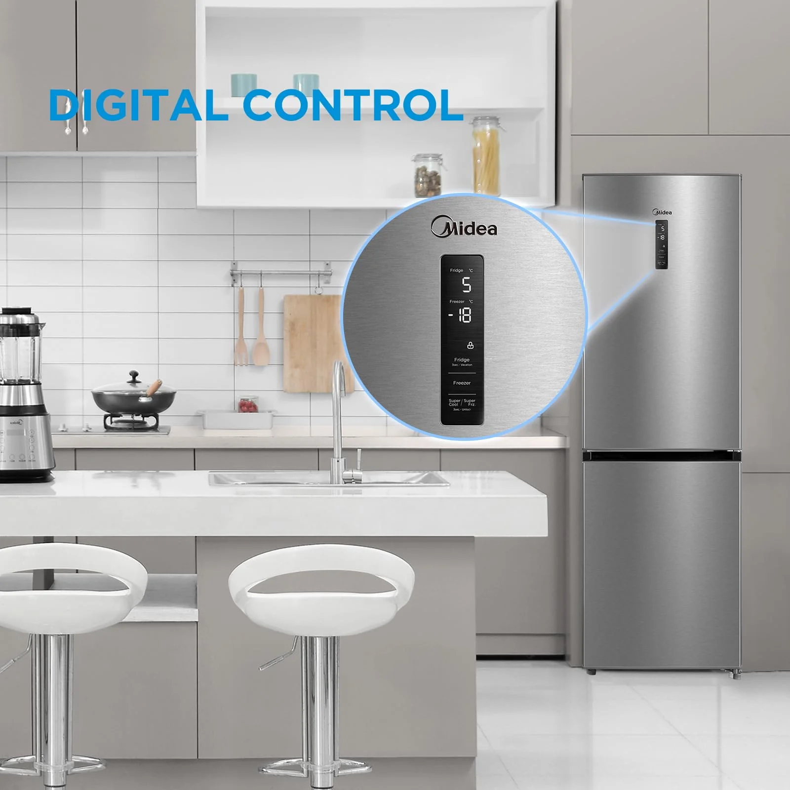 Midea MERB345MGC02 Kühl-/Gefrierkombination/No Frost/185 cm hoch / 59,5 cm breit /70 cm tiefe/171 kWh/Jahr/216 L Kühlteil/ 122 L Gefrierteil/Twin Control/mit Chiller Box, Front Inox