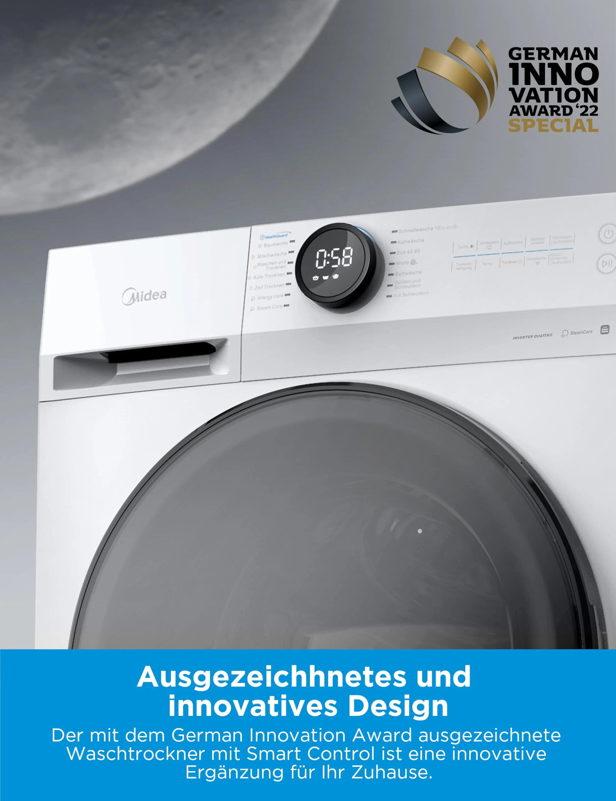 Midea MF200D86WB-14DAS Waschtrokner, 8&6kg Waschen&Trocknen, Inverter Mortor, Auffrischen, 60 Min. Waschen & Trocknen, Steam Care, Turbo, 48 cm tief, APP-Steuerung, AquaStop - Image 3