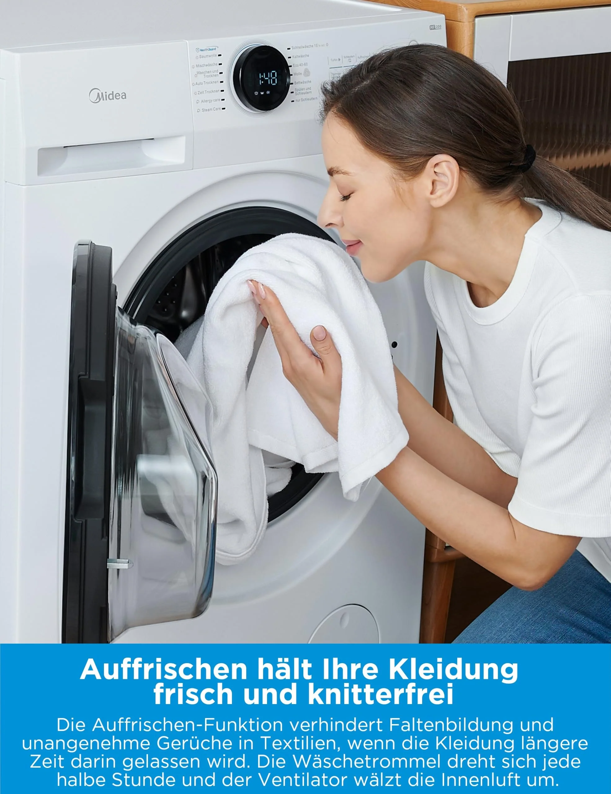 Midea MF200D86WB-14EAS Waschtrokner, 8/6kg Waschen/Trocknen, Inverter Mortor, Auffrischen, 60 Min. Waschen & Trocknen, Steam Care , Turbo , 48 cm tief , APP-Steuerung, AquaStop - Image 2