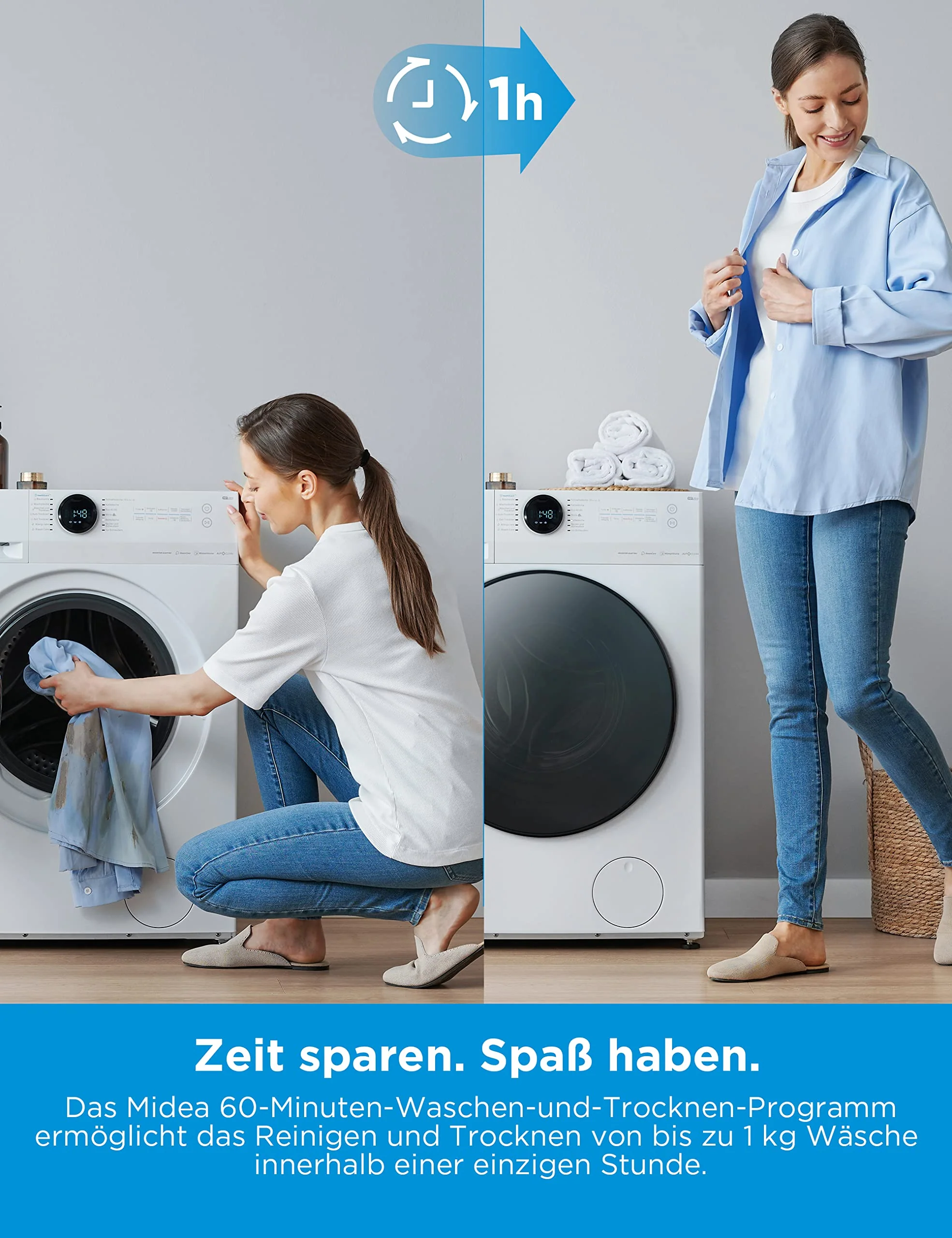 Midea MF200D86WB-14EAS Waschtrokner, 8/6kg Waschen/Trocknen, Inverter Mortor, Auffrischen, 60 Min. Waschen & Trocknen, Steam Care , Turbo , 48 cm tief , APP-Steuerung, AquaStop - Image 4