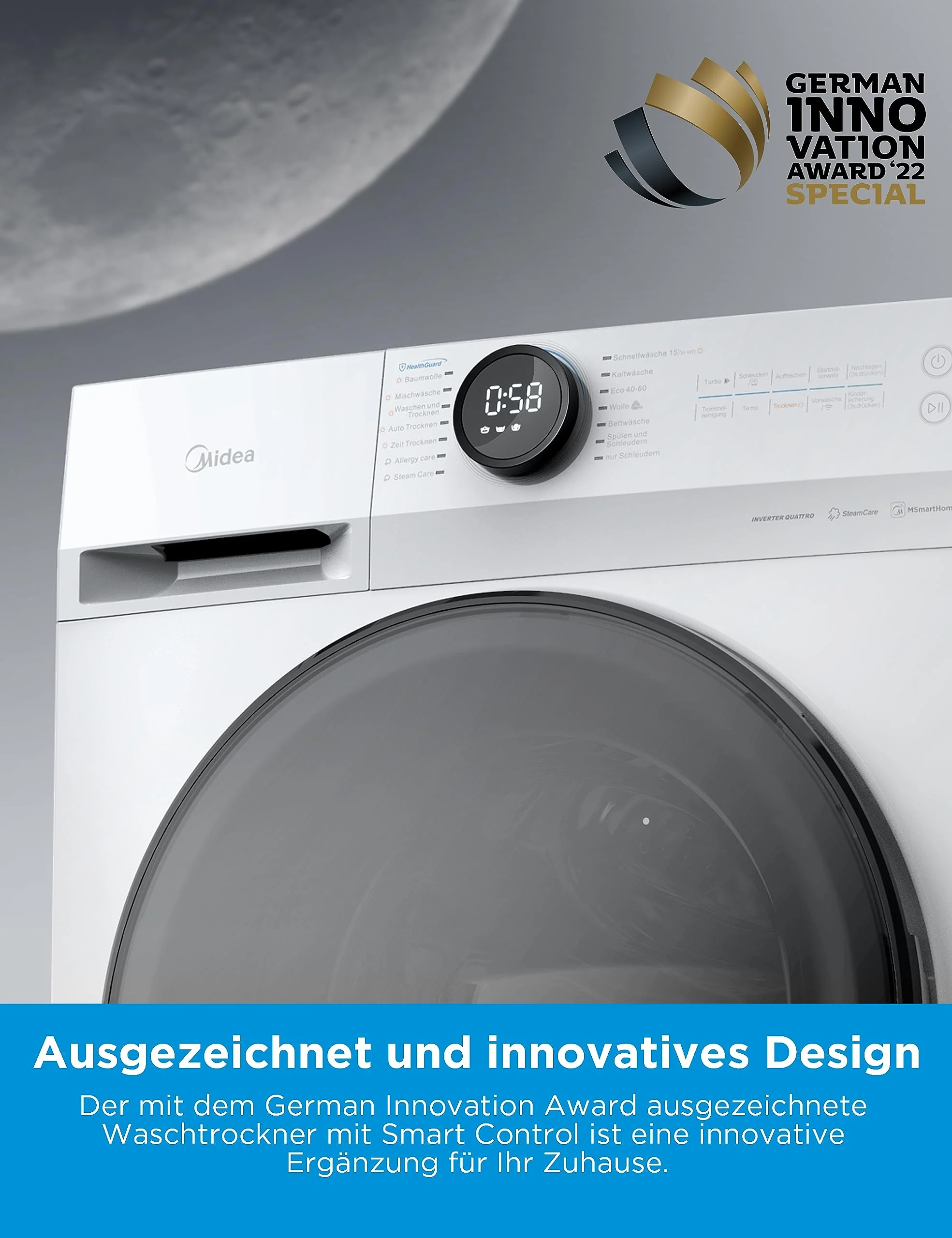 Midea MF200D86WB-14EAS Waschtrokner, 8/6kg Waschen/Trocknen, Inverter Mortor, Auffrischen, 60 Min. Waschen & Trocknen, Steam Care , Turbo , 48 cm tief , APP-Steuerung, AquaStop - Image 5