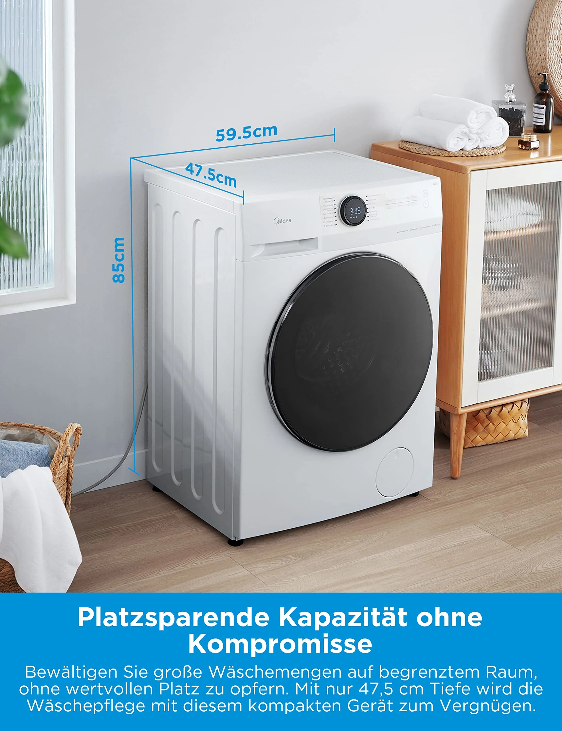 Midea MF200D86WB-14EAS Waschtrokner, 8/6kg Waschen/Trocknen, Inverter Mortor, Auffrischen, 60 Min. Waschen & Trocknen, Steam Care , Turbo , 48 cm tief , APP-Steuerung, AquaStop - Image 6