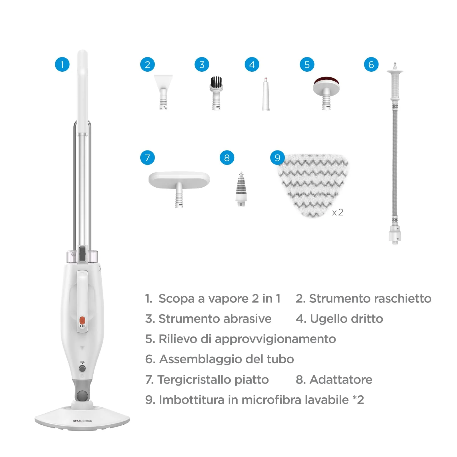 Midea MSM2115WW Dampfbesen, 10 in 1 Dampfreiniger, tötet 99,9% der Bakterien ohne chemische Rückstände, erfüllt verschiedene Reinigungsszenen; Weiß und Silber - Image 3