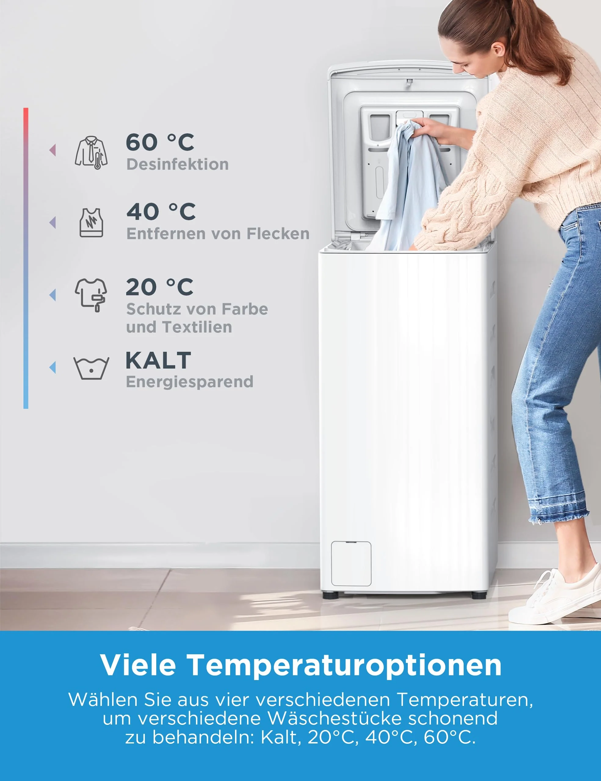 Midea Toplader Waschmaschine MF10ET60B / 6KG / A / 1200 U/min/BLDC Inverter Mortor/Dampffunktion/SoftOpener/XL Türöffnung/Kurz 15'&45' / Mehrere Temperaturoptionen/AquaStop, Weiß - Image 8