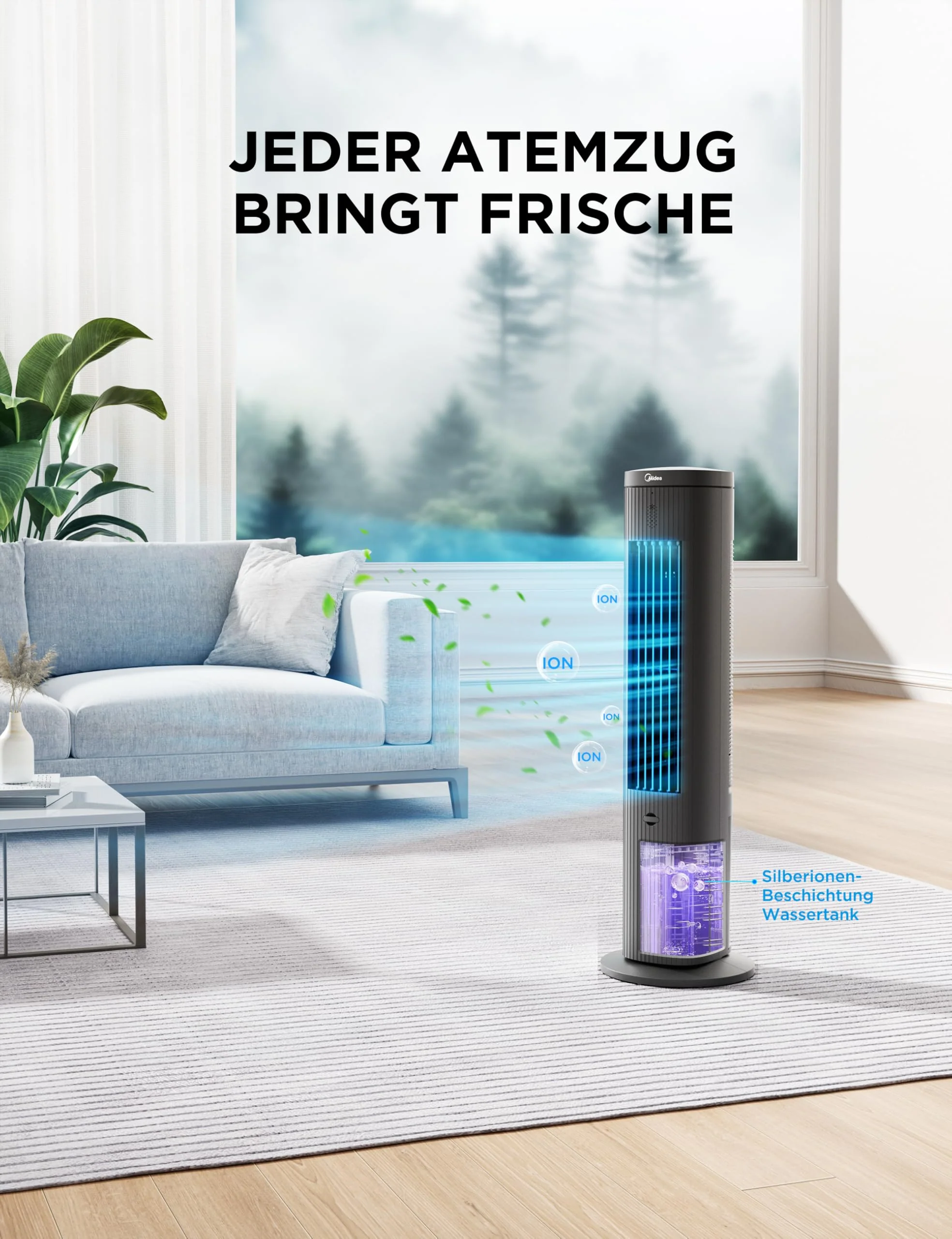 Midea Turmventilator mit 5L Wasserkühlung | Luftkühler mobil | Mobile Klimaanlage ohne Abluftschlauch | Verdunstungskühler, 3 Geschwindigkeitsstufen,75° Schwenkfunktion, 7h Timer, Leiser - Image 6