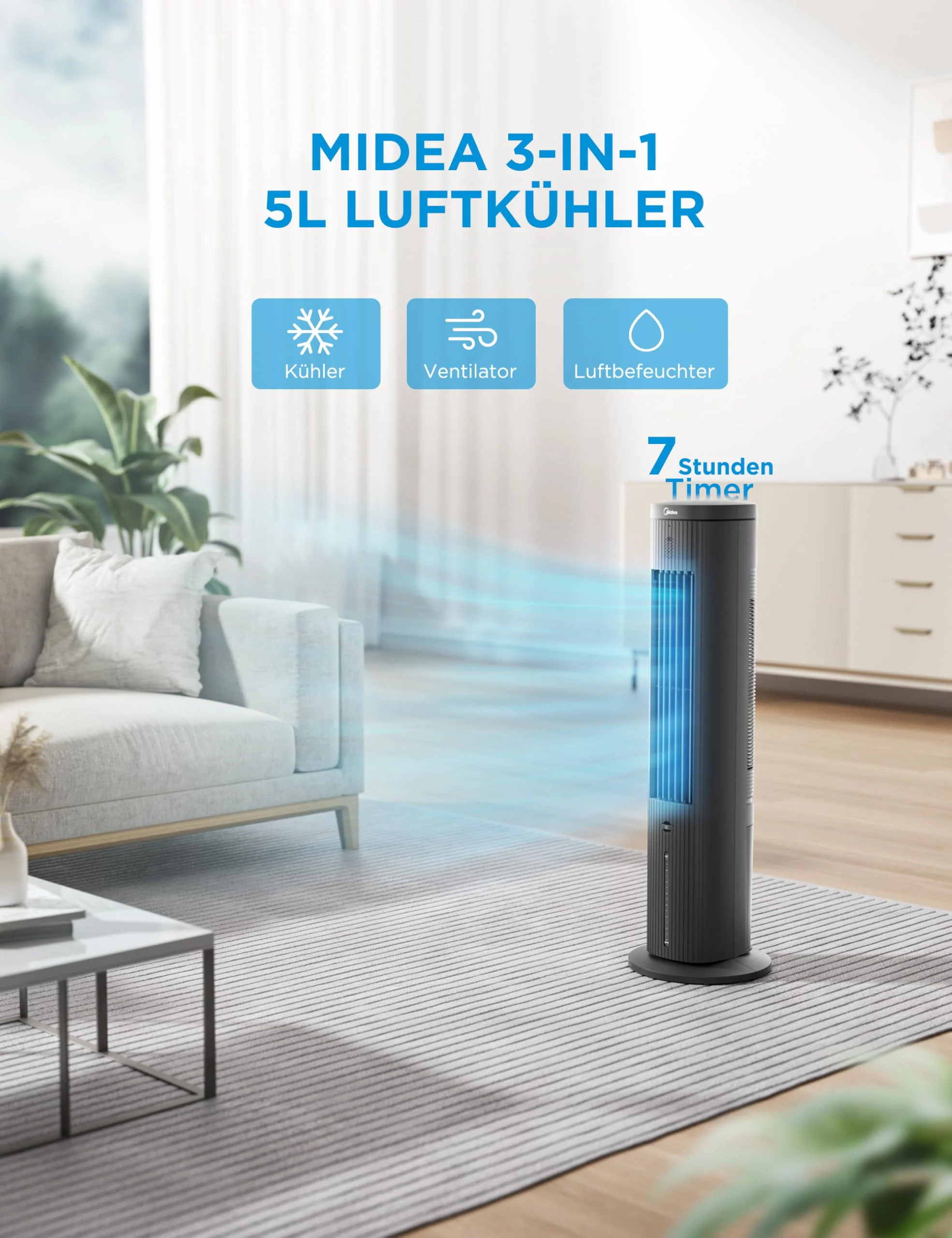 Midea Turmventilator mit 5L Wasserkühlung | Luftkühler mobil | Mobile Klimaanlage ohne Abluftschlauch | Verdunstungskühler, 3 Geschwindigkeitsstufen,75° Schwenkfunktion, 7h Timer, Leiser - Image 7