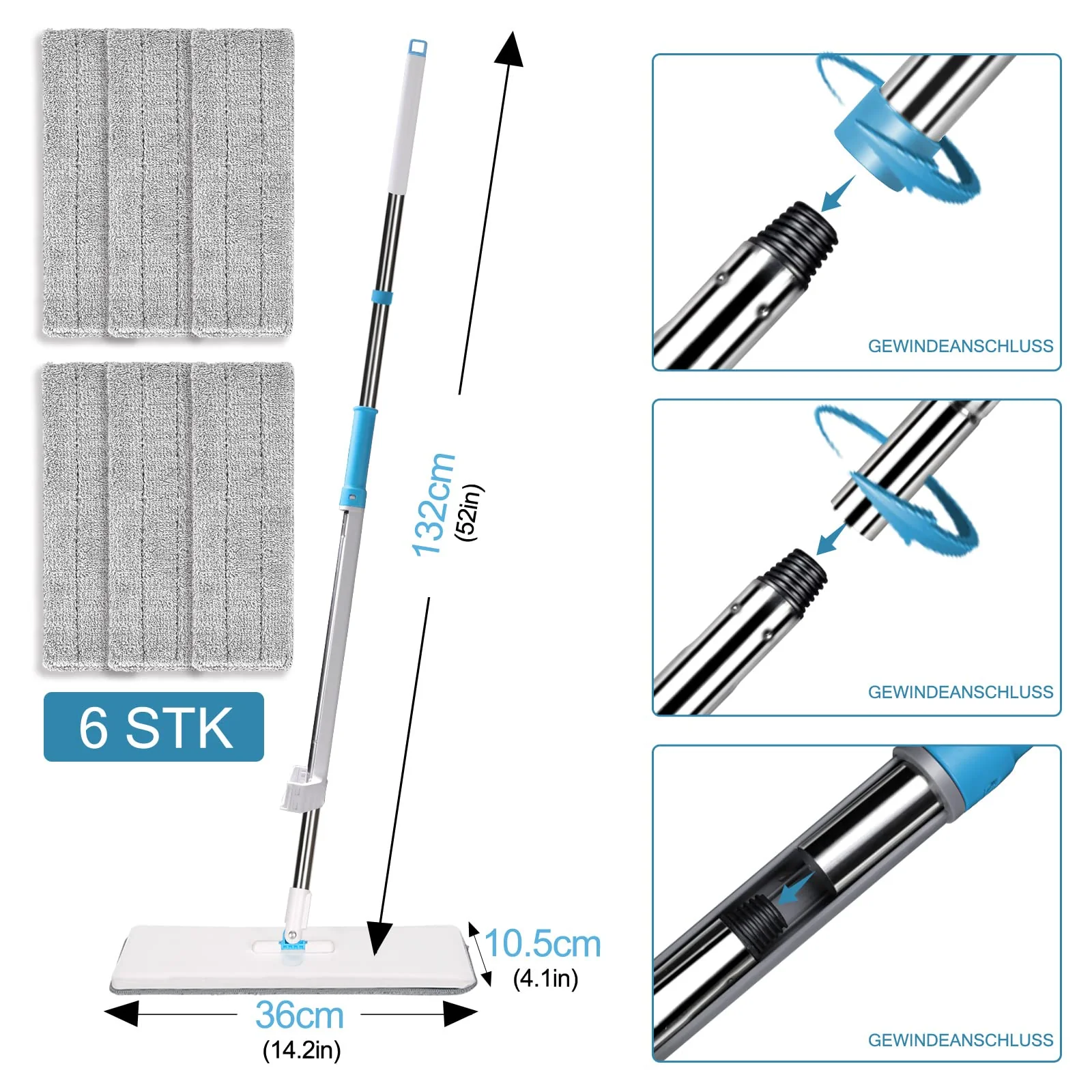 Midyb Flachmopp mit Auswringfunktion, Flach Bodenwischer mit 6 Mikrofaser Mop Pads & 132cm Edelstahlgriff, Wischmopp Wischer Boden für Hartholz, Laminat, Fliesen, Marmor - Image 2