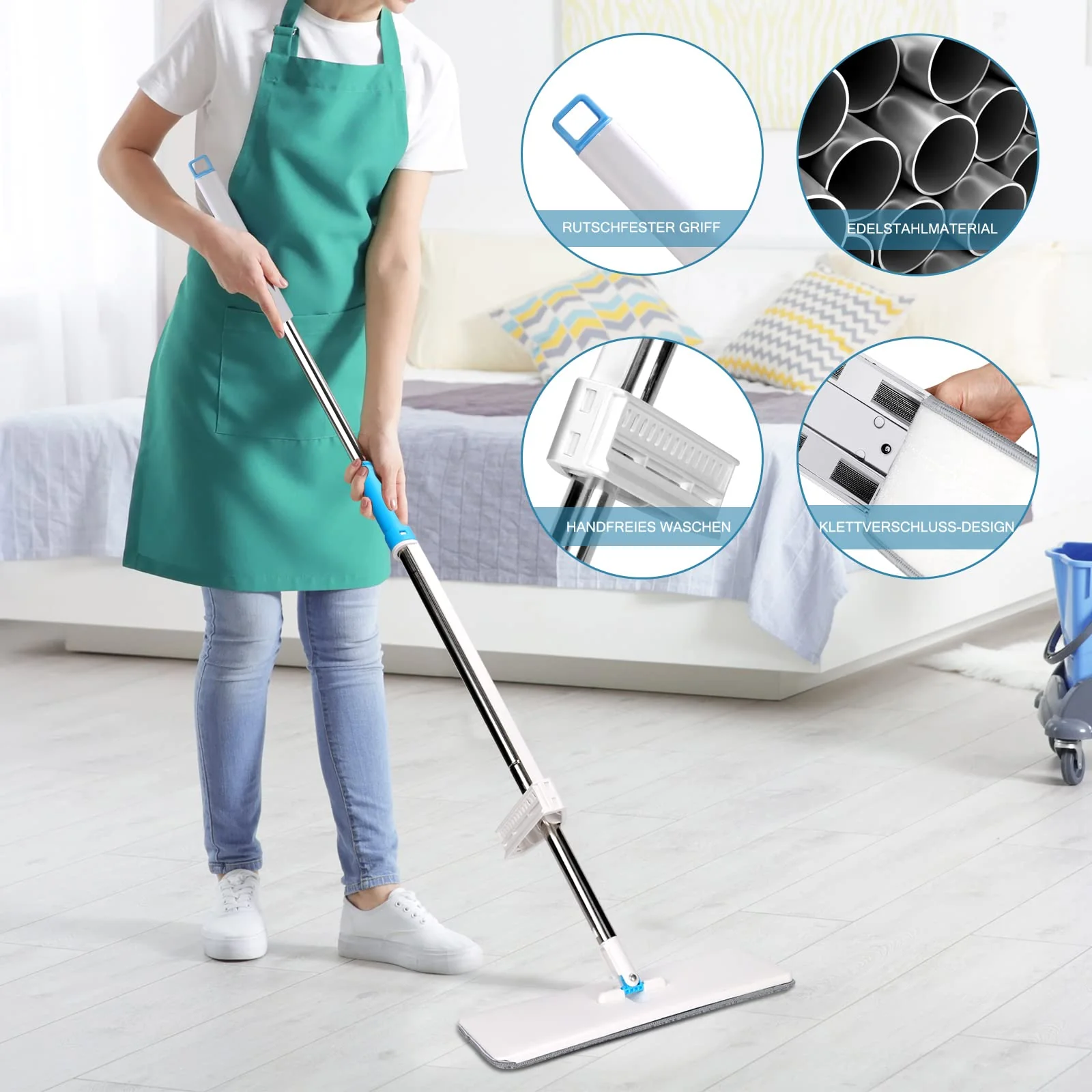 Midyb Flachmopp mit Auswringfunktion, Flach Bodenwischer mit 6 Mikrofaser Mop Pads & 132cm Edelstahlgriff, Wischmopp Wischer Boden für Hartholz, Laminat, Fliesen, Marmor - Image 6