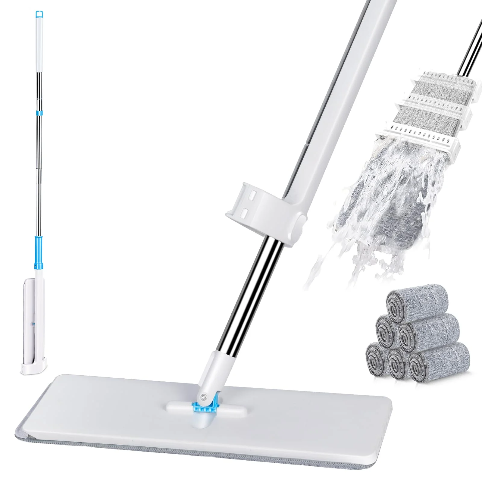 Midyb Flachmopp mit Auswringfunktion, Flach Bodenwischer mit 6 Mikrofaser Mop Pads & 132cm Edelstahlgriff, Wischmopp Wischer Boden für Hartholz, Laminat, Fliesen, Marmor - Image 8