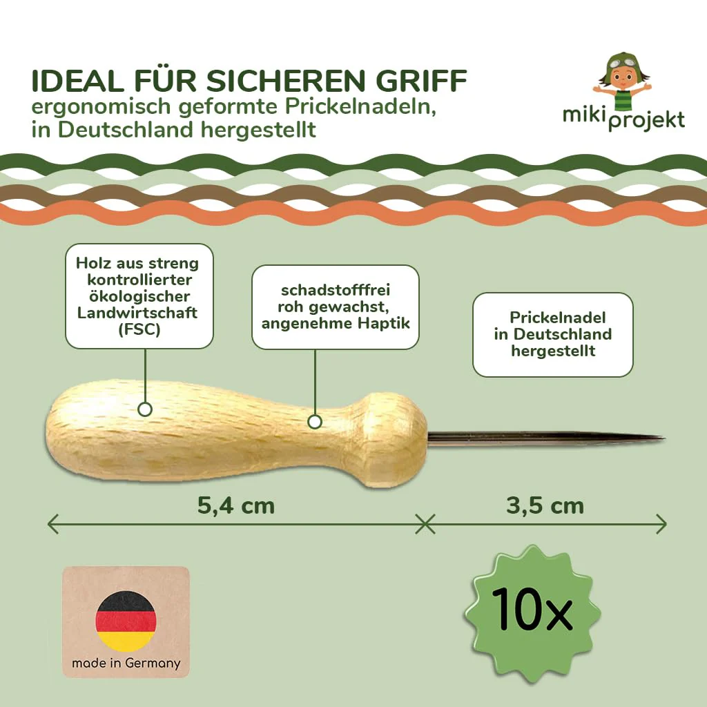 mikiprojekt® 10x Prickel Set Kinder - Made in Germany - 10x ergonomische Prickelnadel Holz + 10x Prickelunterlage Filz (20x15x1 cm) - XXL Prickelset für Gruppen - Vorteilspreis – sicheres Prickeln - Image 4