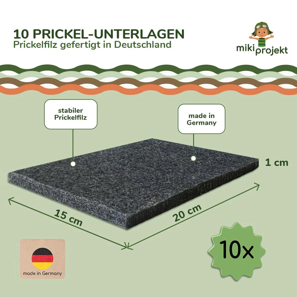 mikiprojekt® 10x Prickel Set Kinder - Made in Germany - 10x ergonomische Prickelnadel Holz + 10x Prickelunterlage Filz (20x15x1 cm) - XXL Prickelset für Gruppen - Vorteilspreis – sicheres Prickeln - Image 5
