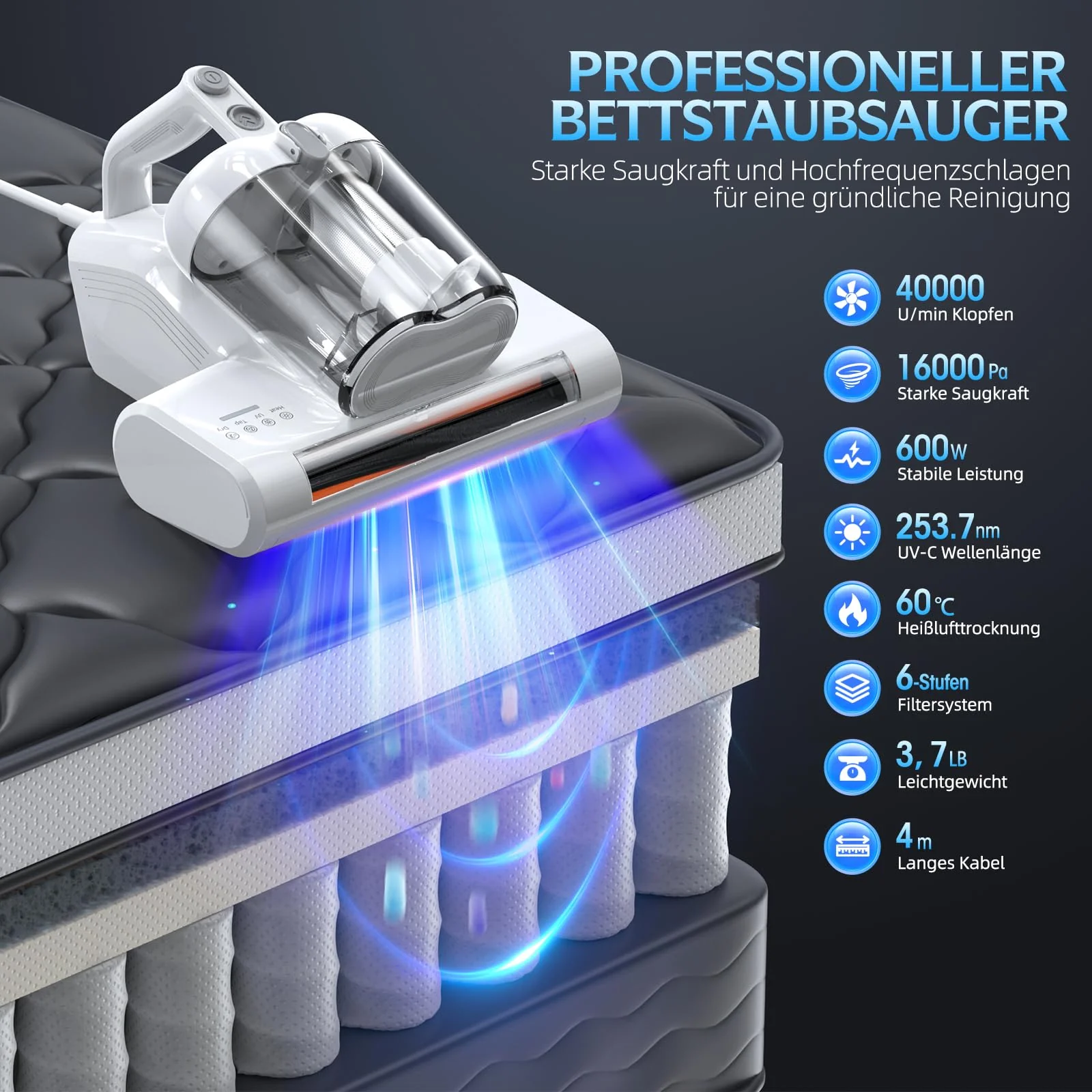 Milbensauger für Matratzen Milbenstaubsauger mit 253.7nm UV-C Licht 16Kpa Absaugung HEPA Filter Heißer Wind Funktion 40000 Rpm/Min Bürstenrolle Bett-Staubsauger Entfernt 99,9% Allergene 600W Weiß - Image 4