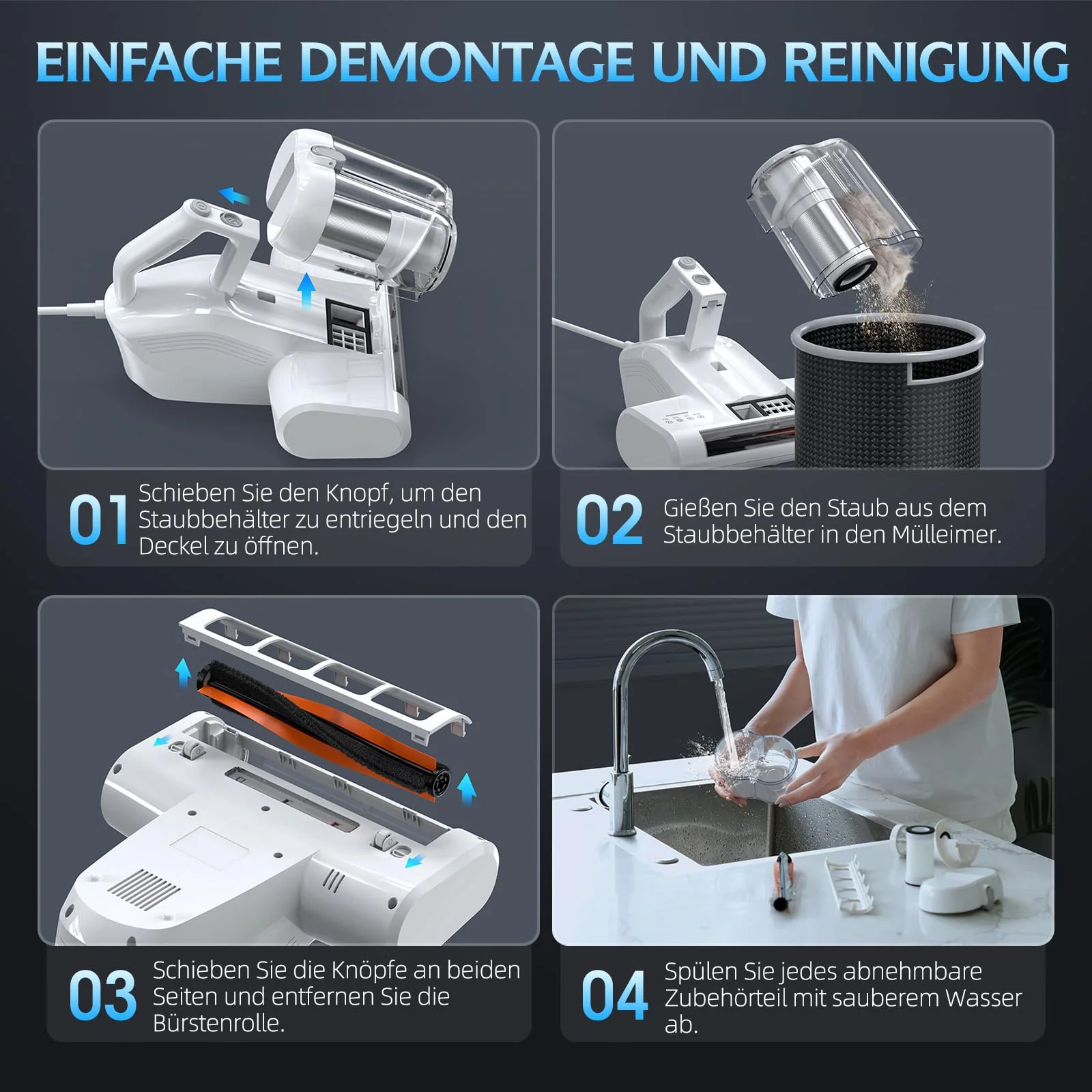 Milbensauger für Matratzen Milbenstaubsauger mit 253.7nm UV-C Licht 16Kpa Absaugung HEPA Filter Heißer Wind Funktion 40000 Rpm/Min Bürstenrolle Bett-Staubsauger Entfernt 99,9% Allergene 600W Weiß - Image 5