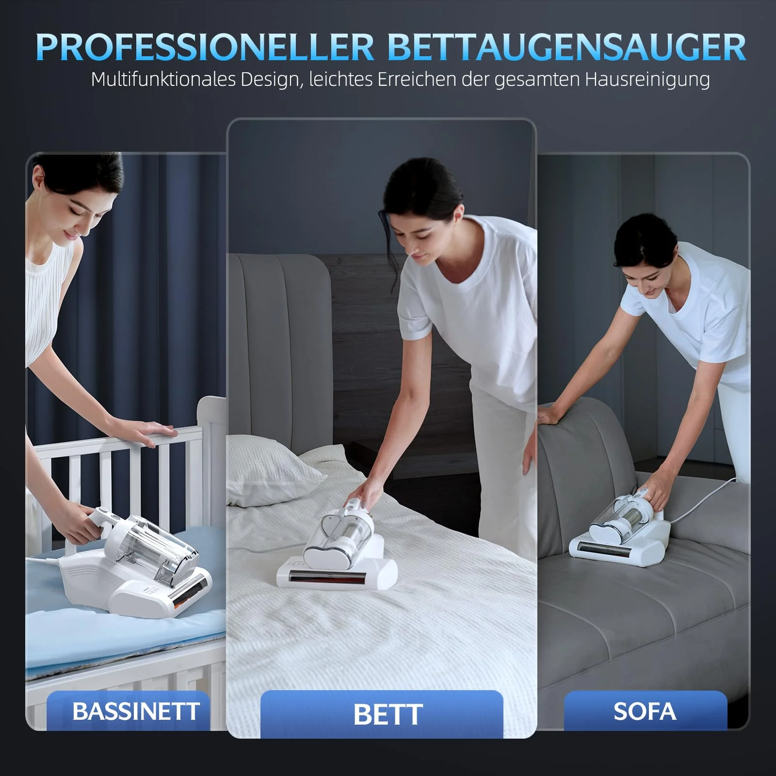 Milbensauger für Matratzen Milbenstaubsauger mit 253.7nm UV-C Licht 16Kpa Absaugung HEPA Filter Heißer Wind Funktion 40000 Rpm/Min Bürstenrolle Bett-Staubsauger Entfernt 99,9% Allergene 600W Weiß - Image 7