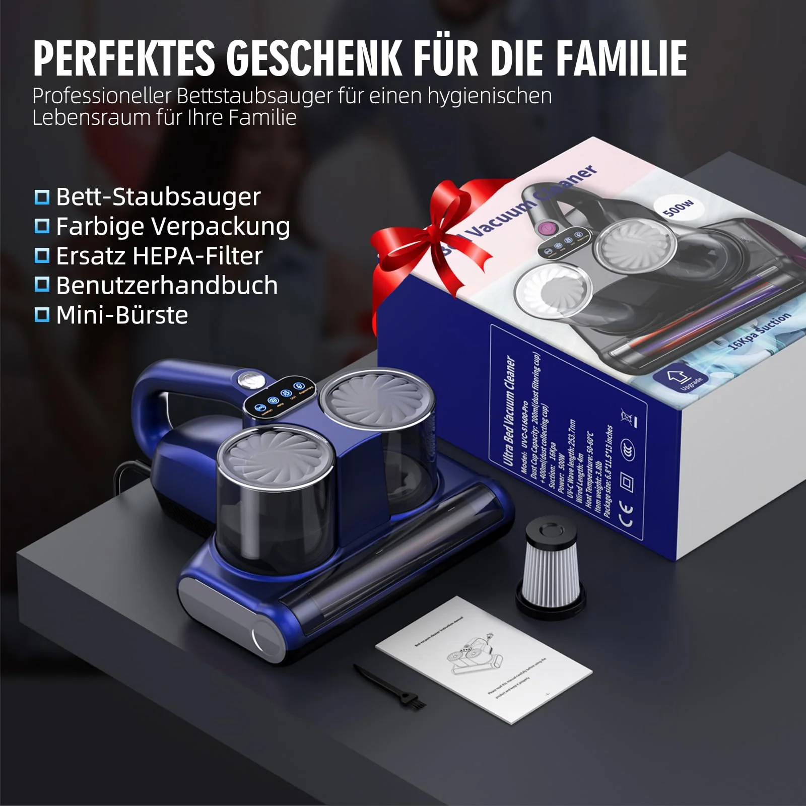 Milbensauger für Matratzen Milbenstaubsauger mit 253,7nm UV-Licht 16Kpa Absaugung Bürstenwalzenklopfen HEPA Filter Ultraschall Heißer Wind Funktion Bett-Staubsauger Verbreiterte Saugöffnung 500W Blau - Image 3