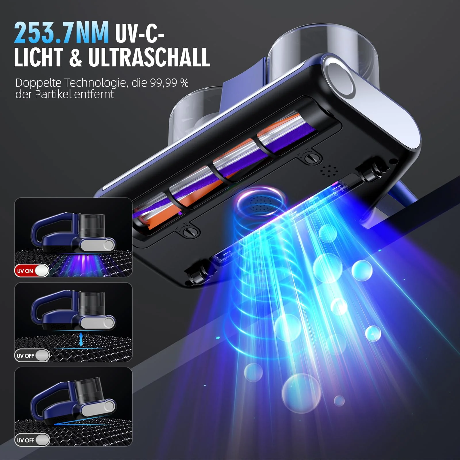 Milbensauger für Matratzen Milbenstaubsauger mit 253,7nm UV-Licht 16Kpa Absaugung Bürstenwalzenklopfen HEPA Filter Ultraschall Heißer Wind Funktion Bett-Staubsauger Verbreiterte Saugöffnung 500W Blau - Image 4