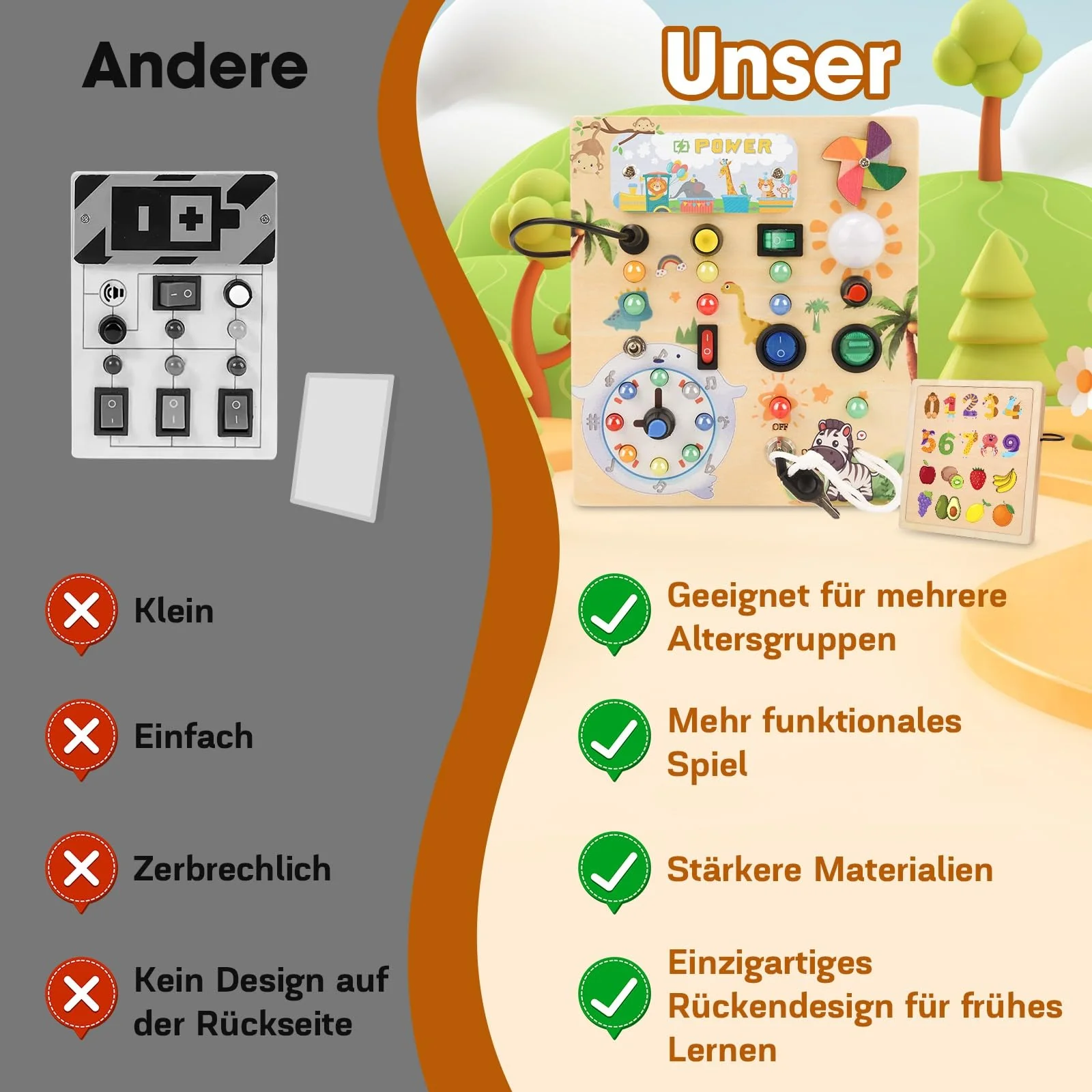 MILFECH Montessori Spielzeug Busy Board mit LED Lichtschalter Activity Board Holzspielzeug,17 LED Motorikspielzeug Sensorik Spielzeug Lernspielzeug für Babys Kleinkinder Jungen Mädchen ab 1 2 3 4 Jahr - Image 3