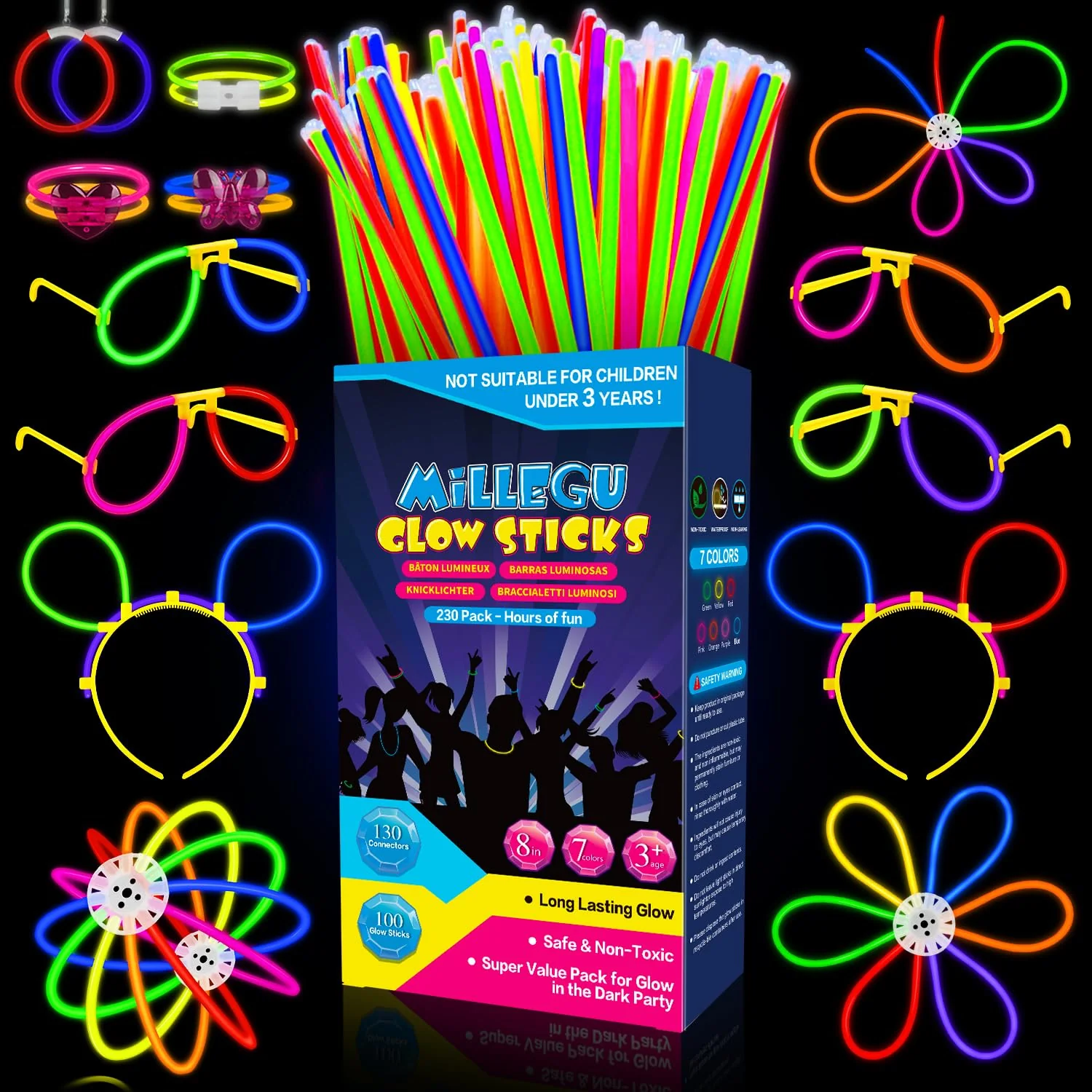 Millegu Knicklichter Party Set,100 Stück Leuchtstäbe 130 Verbinder,Neon Knicklichter Ketten und Leuchtbrillen für Kinder, Deko für Festival Hochzeiten Weihnacht Party Silvester Deko 2025