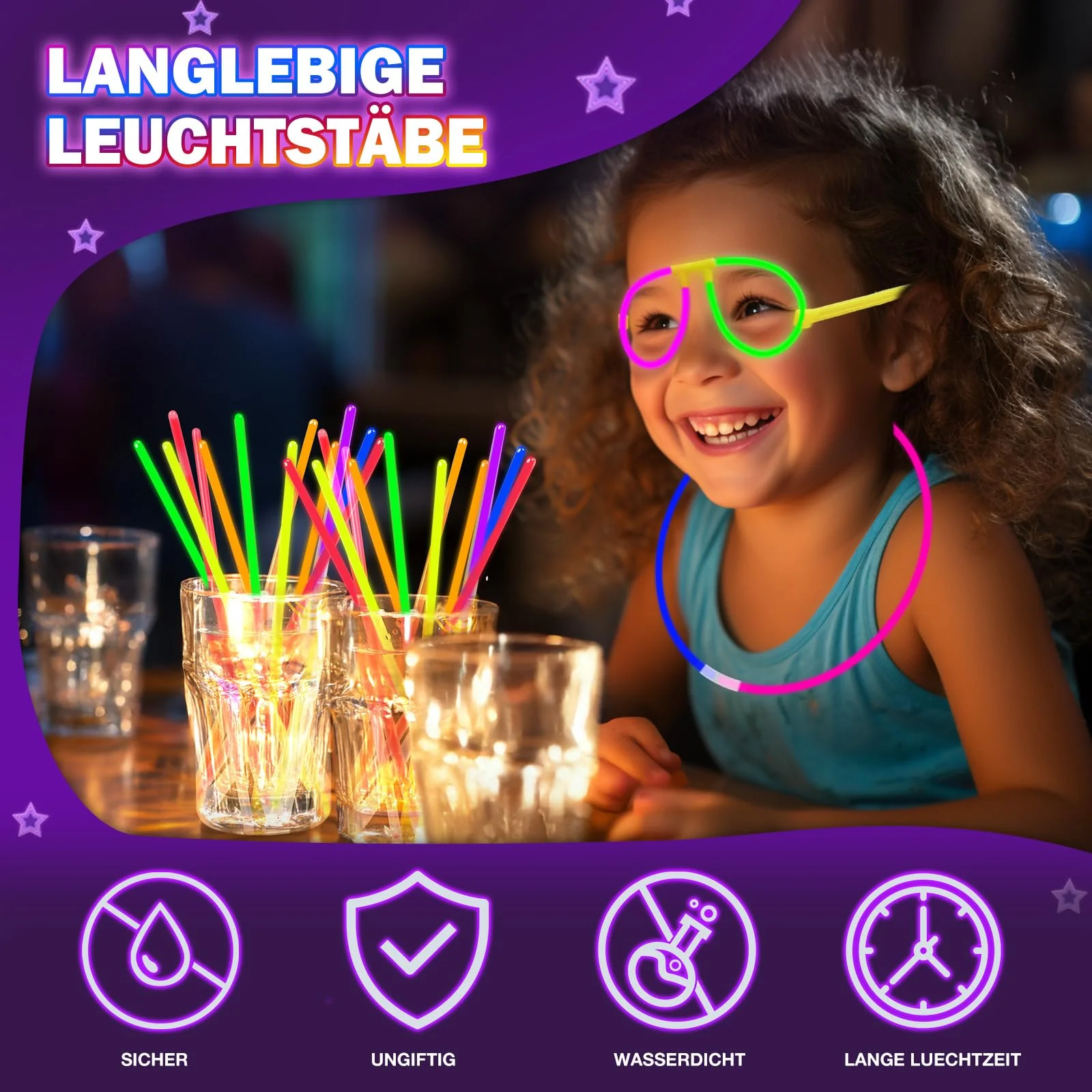 Millegu Knicklichter Party Set,100 Stück Leuchtstäbe 130 Verbinder,Neon Knicklichter Ketten und Leuchtbrillen für Kinder, Deko für Festival Hochzeiten Weihnacht Party Silvester Deko 2025 - Image 6