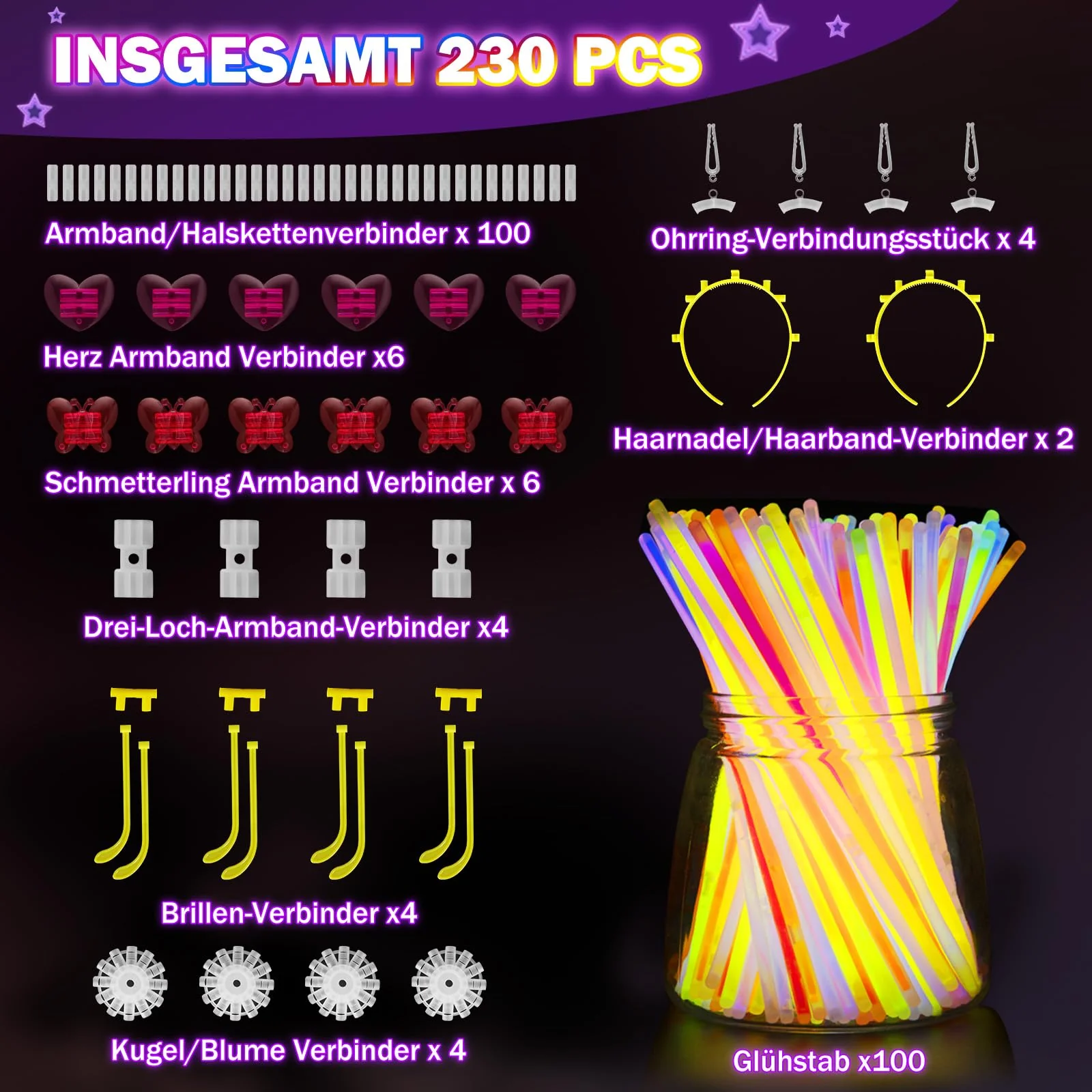 Millegu Knicklichter Party Set,100 Stück Leuchtstäbe 130 Verbinder,Neon Knicklichter Ketten und Leuchtbrillen für Kinder, Deko für Festival Hochzeiten Weihnacht Party Silvester Deko 2025 - Image 7