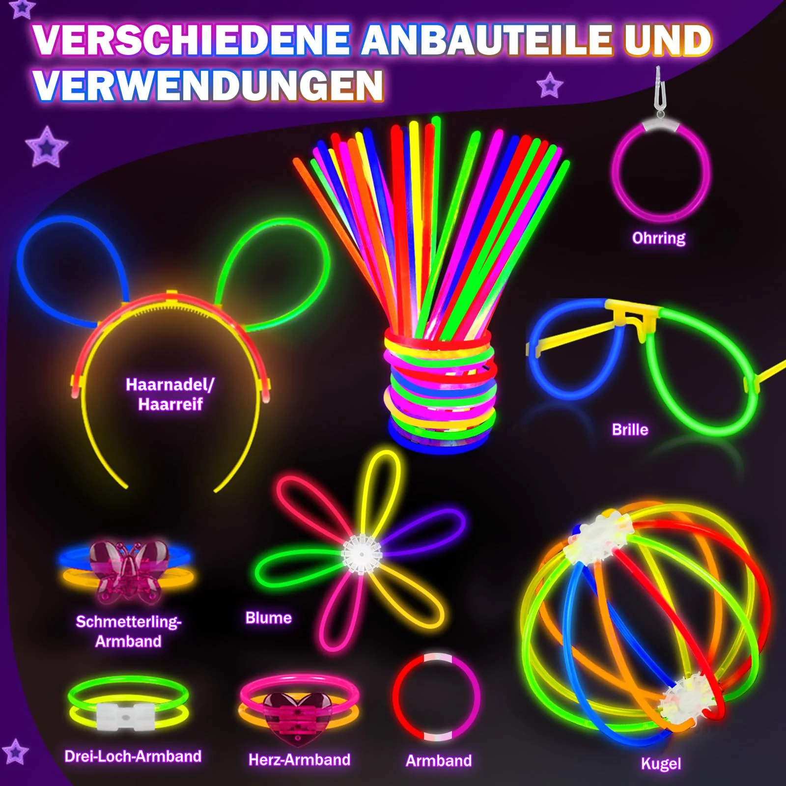Millegu Knicklichter Party Set,100 Stück Leuchtstäbe 130 Verbinder,Neon Knicklichter Ketten und Leuchtbrillen für Kinder, Deko für Festival Hochzeiten Weihnacht Party Silvester Deko 2025 - Image 8