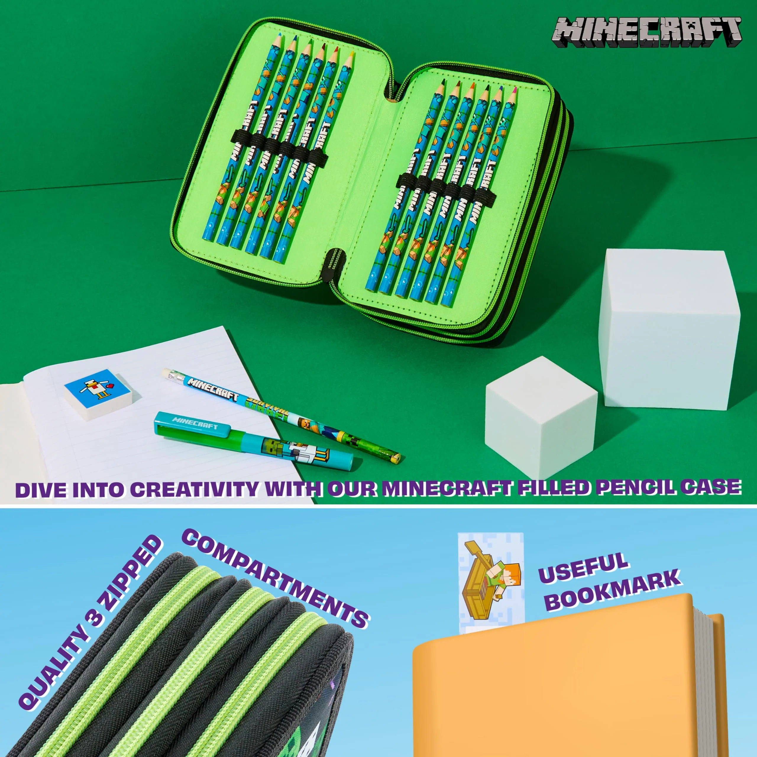 Minecraft Federmäppchen Jungen und Mädchen Mäppchen Gefüllt Creeper Federmappe mit Schreibwaren Gamer Geschenke für Kinder und Teenager (Schwarz AOP) - Image 3