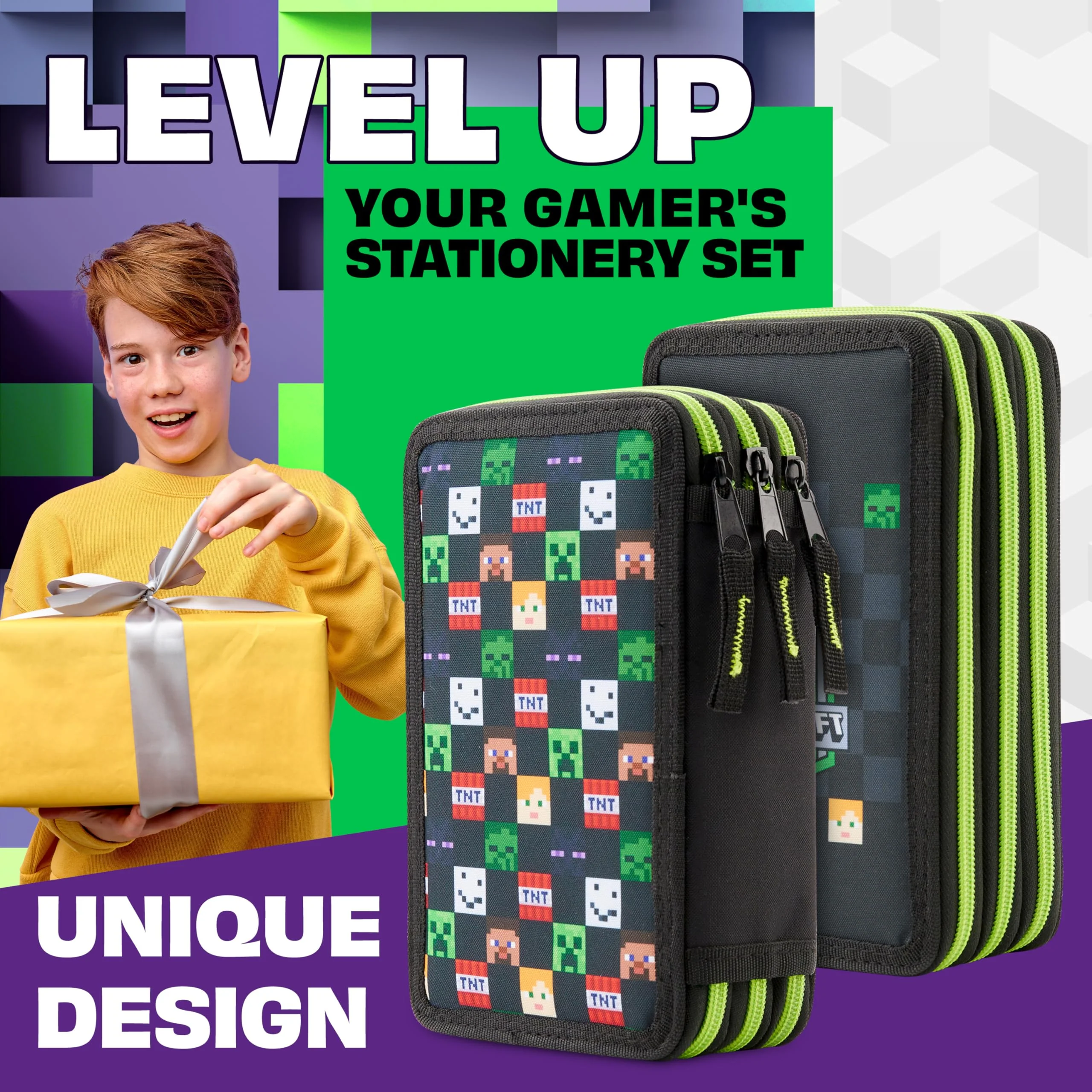 Minecraft Federmäppchen Jungen und Mädchen Mäppchen Gefüllt Creeper Federmappe mit Schreibwaren Gamer Geschenke für Kinder und Teenager (Schwarz AOP) - Image 5